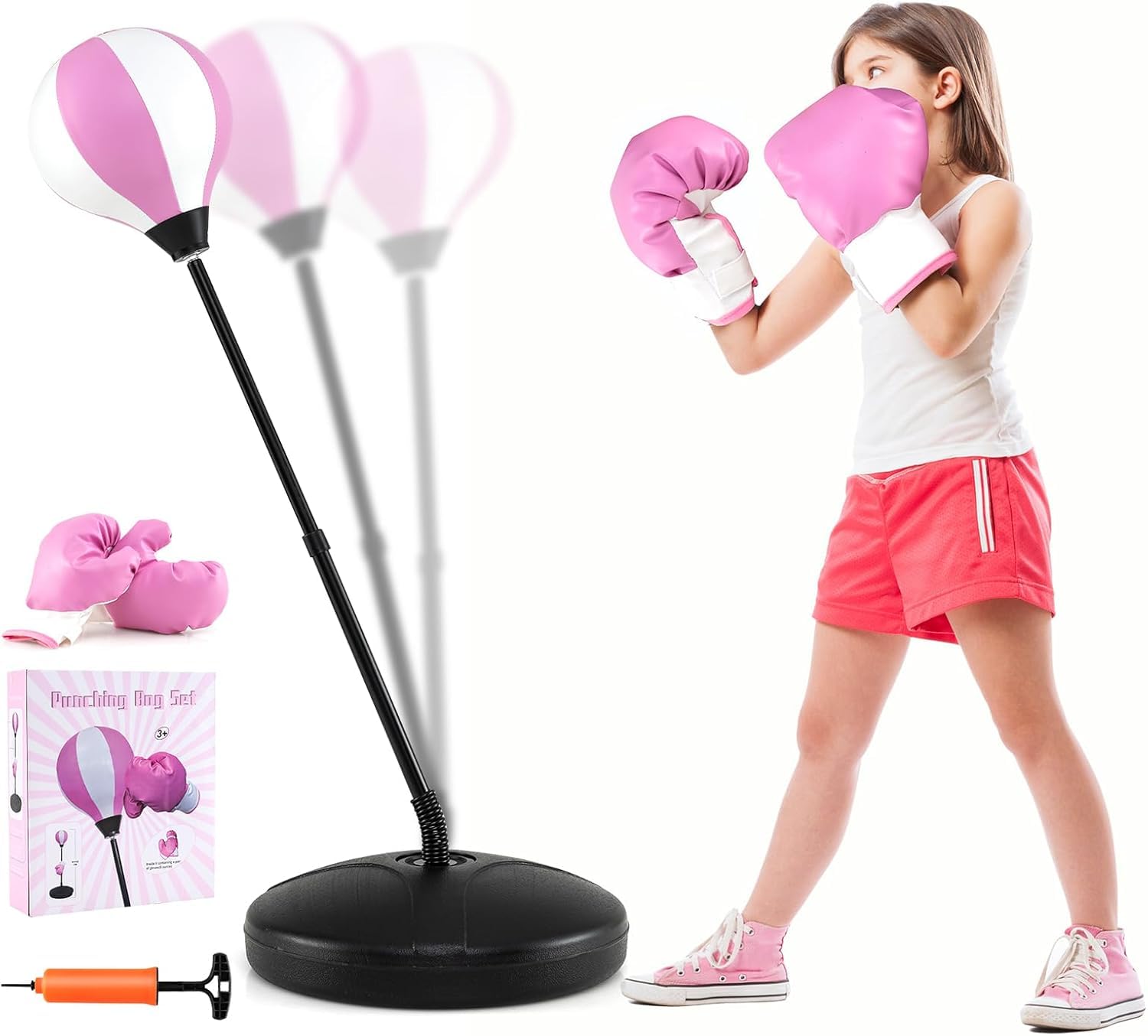 GOPLUS Saco de Boxeo con Altura Ajustable 81-123,5 cm, Juego de Boxeo con Guantes de Boxeo, Bomba y Base Rellenable, Set de Boxeo para Niños 3 Años+, Adolescentes (Rosa)