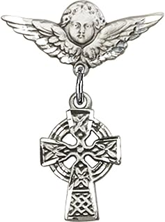 Sterling Silver Baby Badge with Celtic Cross Charm and Angel w/Wings Badge Pin 1 X 3/4 inches