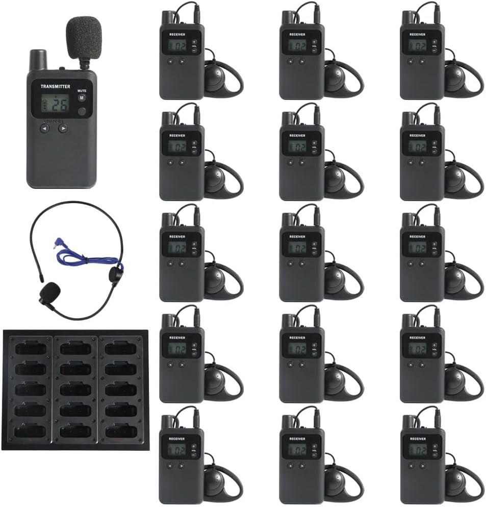AGJ Wireless Tour Guide System, Tour Guide Microphone and Speaker, Tour Guide Headsets 1 Transmitter 15 Receivers 1 Charger Court Church Translation System for Factory School