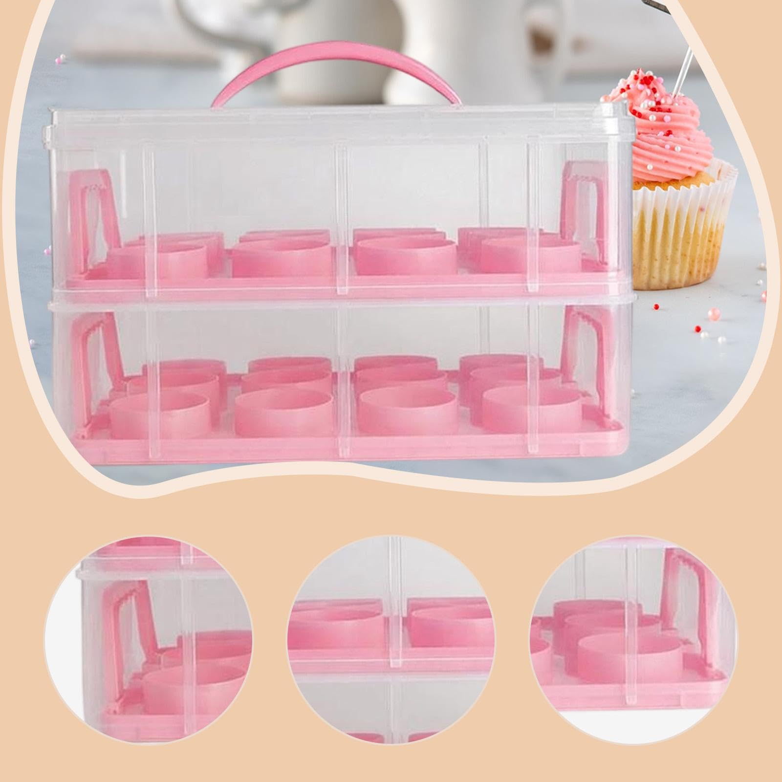 Qianly Caja portatartas de cumpleaños con asa, 24 Compartimentos, Ligera, de Dos Niveles, para Guardar Pasteles y horneados, Rosa