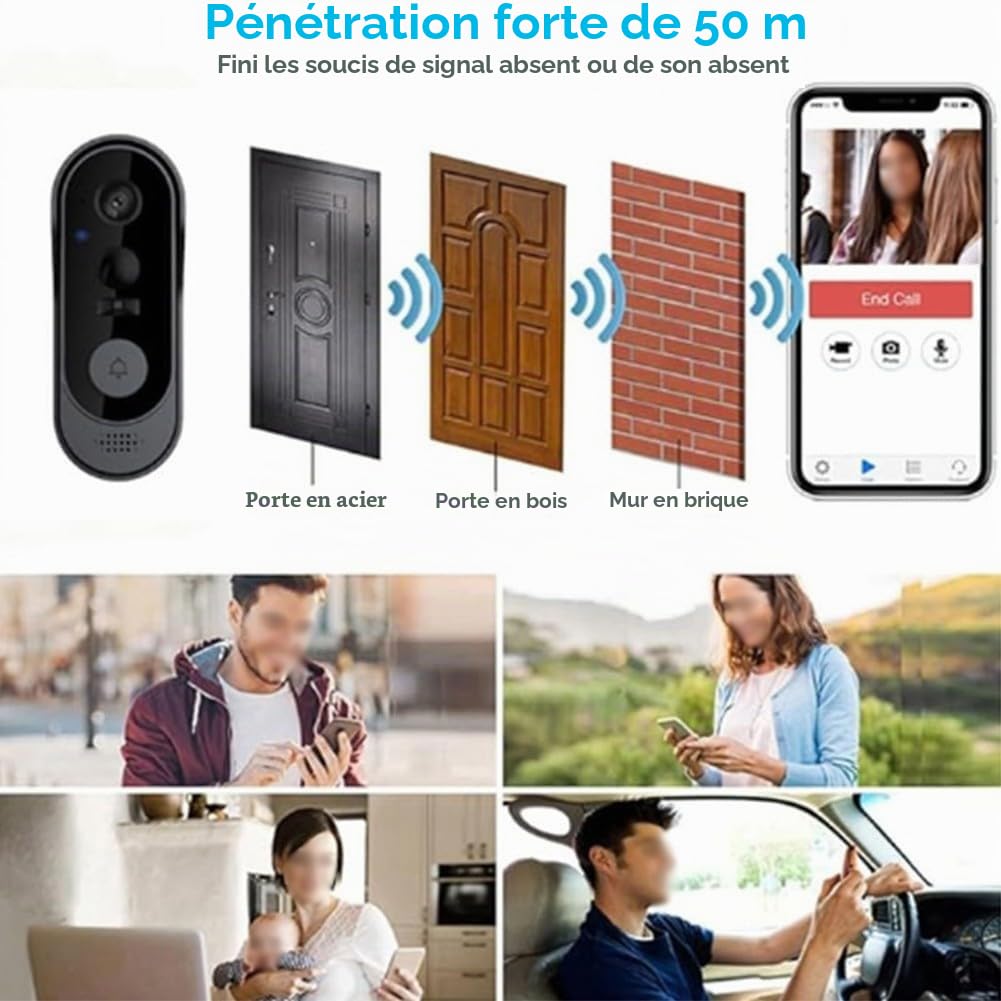 Sonnette vidéo sans fil, sans abonnement, sonnette vidéo 1080p avec carillon, audio bidirectionnel, pour vision nocturne, Wi-Fi 2,4 G, intérieur et extérieur
