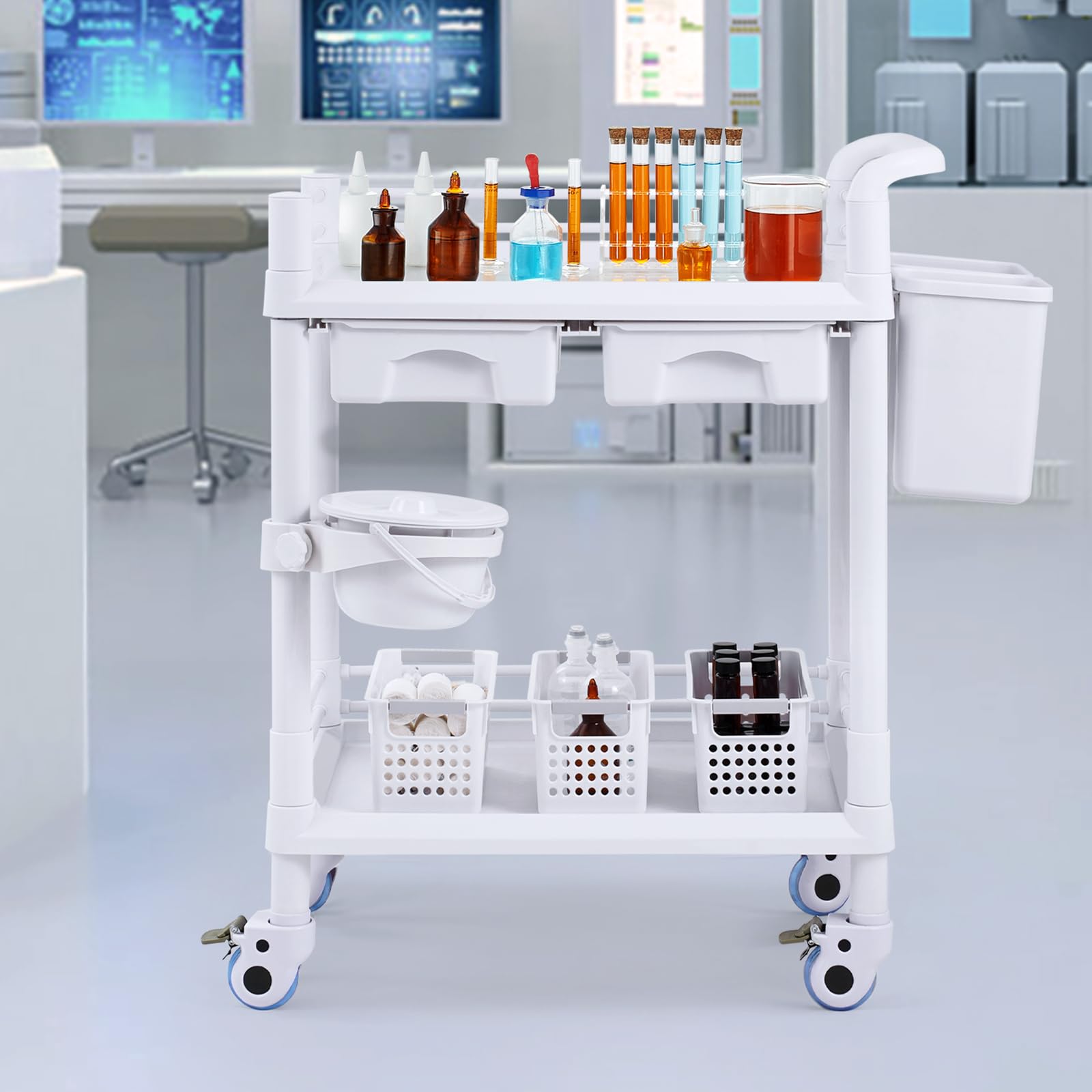 VEVOR Carrello da Laboratorio a 2 Ripiani, Mobile Medico con 2 Cassetti, 2 Vassoi, 4 Ruote, PP, 3 Contenitori