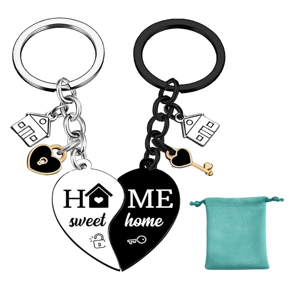 Duunshylw 2PCS New Home Keyring Stainless Steel Housewarming Keychain Heart Shape Matching Keyring with Velvet Gift Bag for Couple Friends New Homeowners First Home Gifts
