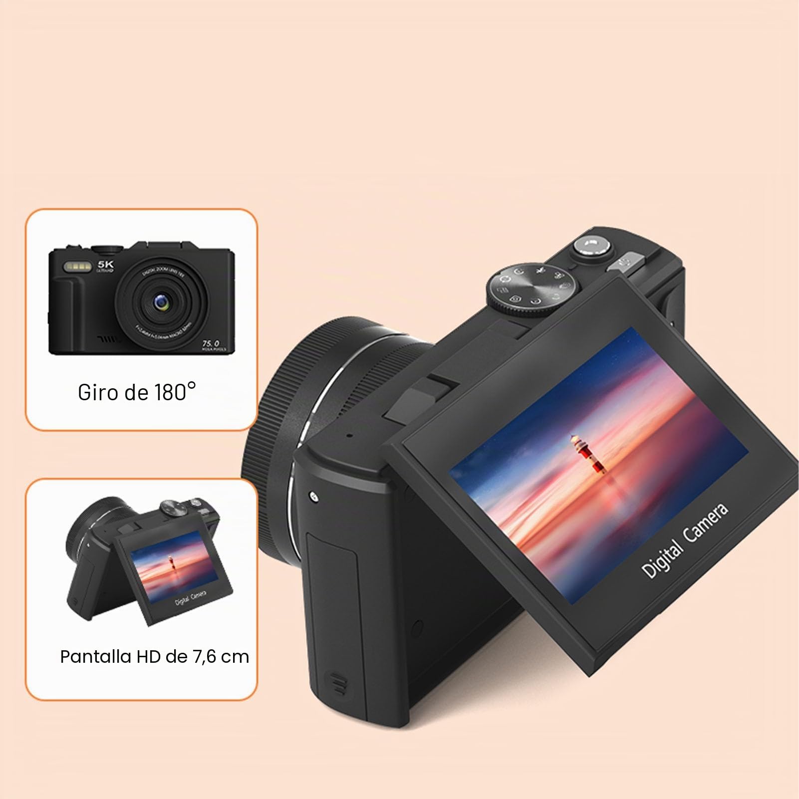 Cámara Digital de 5k para Fotografía, 75MP UHD Camara Fotograficas con Zoom Digital 18x, Pantalla de Flip de 3 "180 °, Cámaras de Vlogging Portátiles (Black)