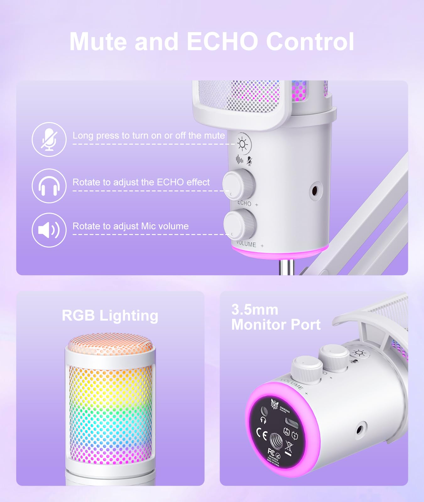 Microfono USB da gioco, microfono a condensatore con cancellazione del rumore, con silenziatore, regolazione del riverbero del braccio del braccio, monitoraggio per streaming, podcasting, discord