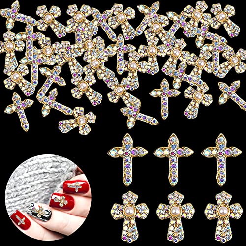 Kreuz Nail Art Charms, 40 Stück 3D Glänzenr Nagel Strass Nagelkunst Dekoration, Metall Nagel Schmuck Nagel Schönheit Design Kristalle für Nail Art Handwerk DIY Nagel Zubehör (Gold) Cover