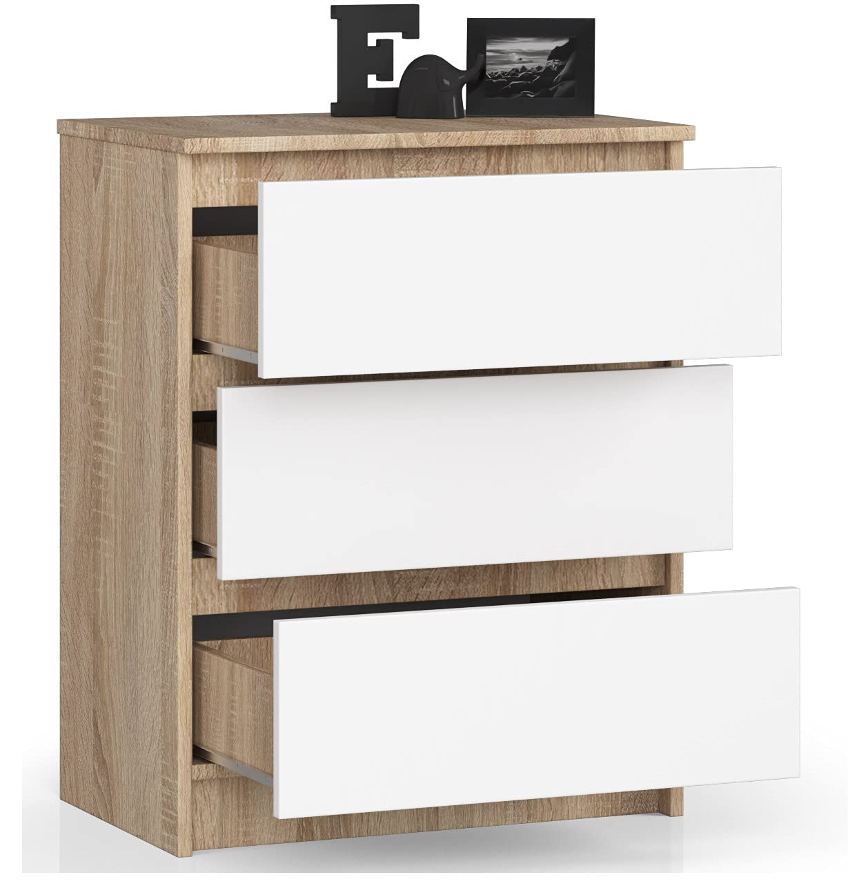AKORD Cómoda K60 con 3 cajones | Credenza Alta | Mueble Moderno para Sala de Estar, Comedor, Dormitorio, Entrada, baño | Armario Infantil | 60x77x40 cm 25 kg | Roble Sonoma & Blanco Frente