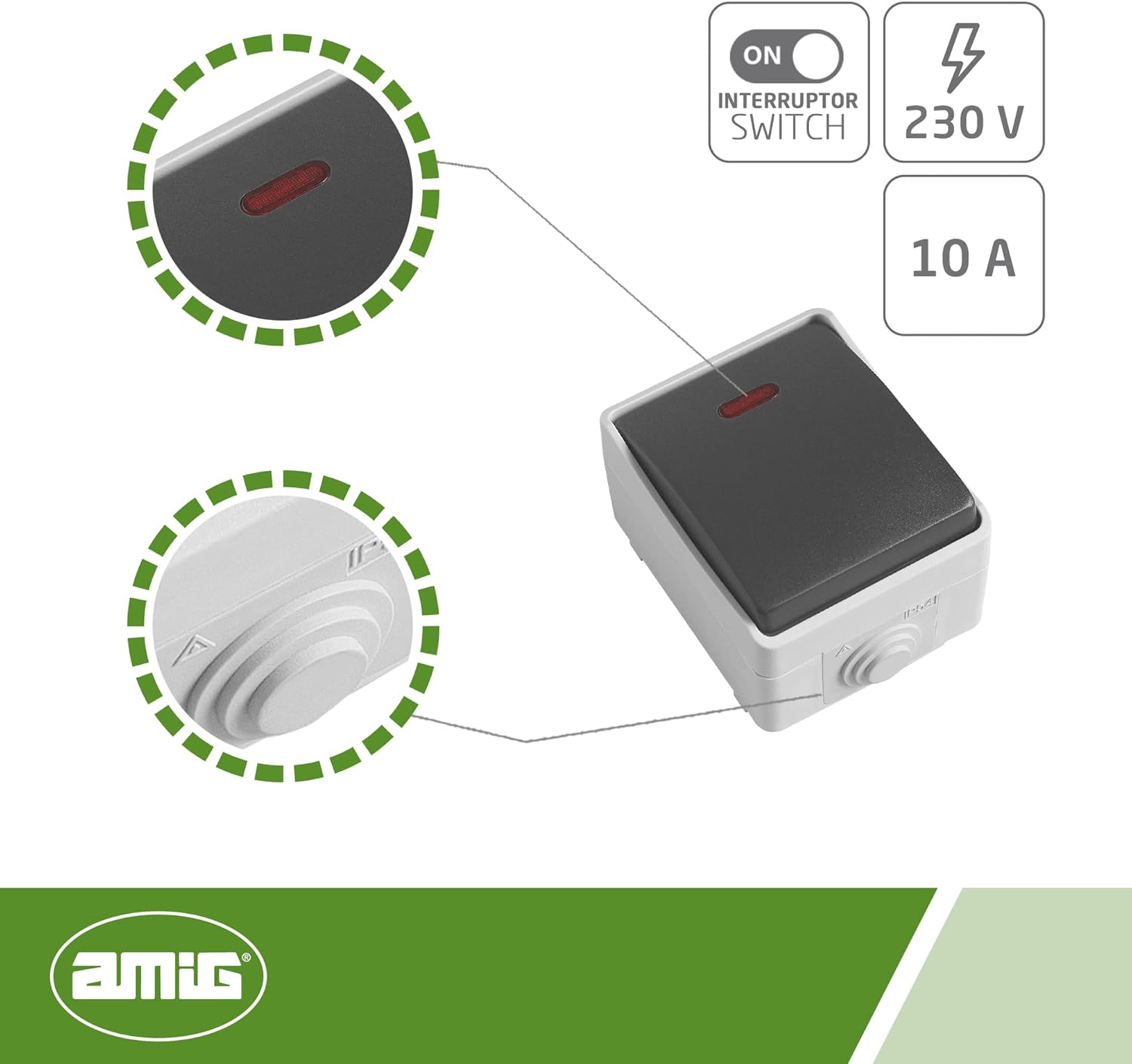 Amig - IP54 Waterproof Overlay Push Button with LED Light Indicator Mod.3641 | Anti-Humidity Switch Suitable for Outdoor and Indoor | Ideal for Terraces, Gardens, Garages or Storage Rooms