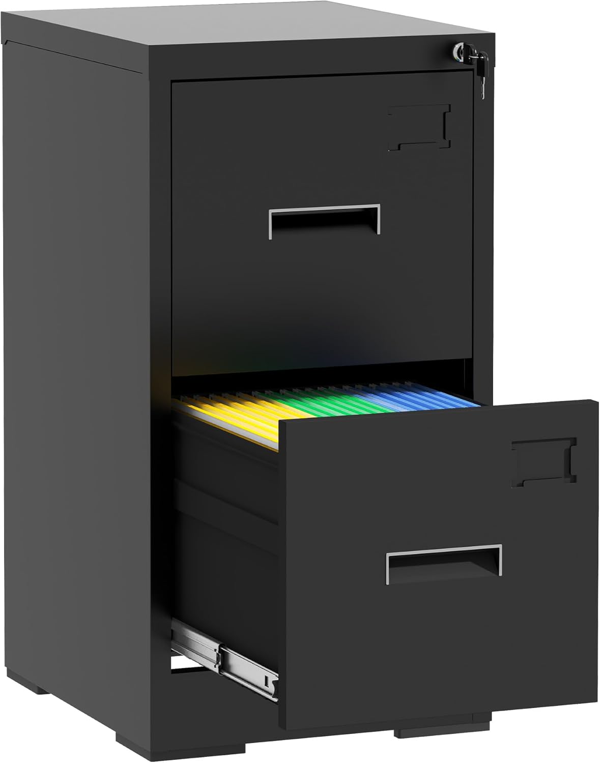 2-drawer file cabinet with lock, metal vertical filing cabinets for home office, lockable under-desk narrow steel storage cabinet with tag, hanging letter/legal/a4, assemble required, black black 2 drawer