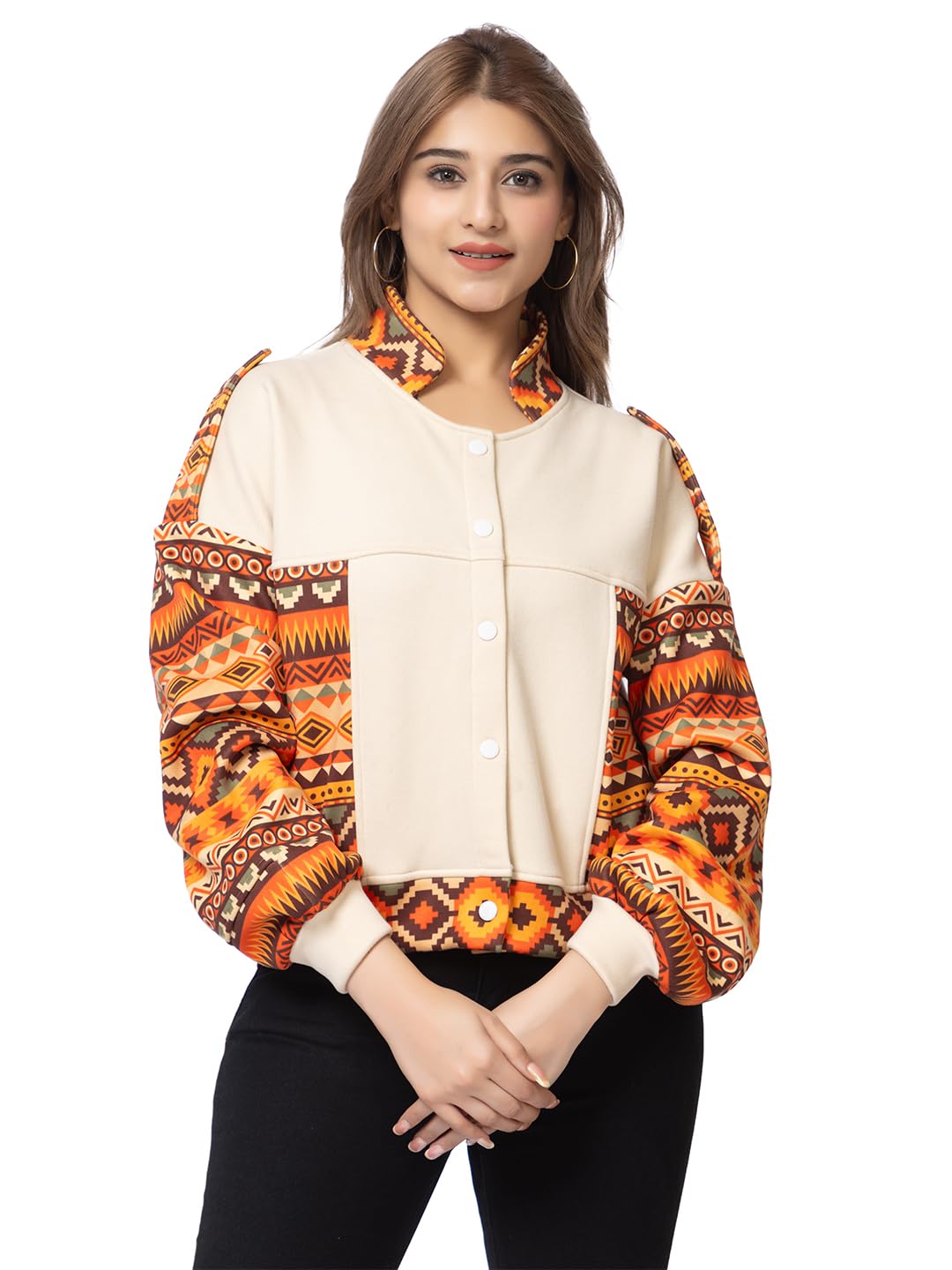 arish Women's Crop Jacket, Aztec Print Sleeves, Cream with Orange Geometric Pattern, Button-Up Collar with Balloon Sleves-picture-46