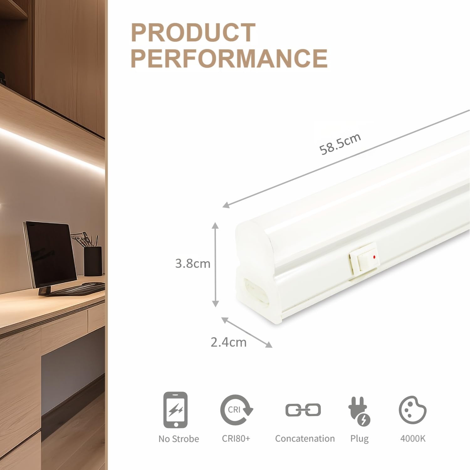 Réglette LED avec Interrupteur marche/arrêt Lot de 2, Neon LED 60 cm Couleur de Lumière Blanc Neutre 4000K, Connectable avec prise, Raccordement Possible de Jusqu'à 6 Luminaire pour Cuisine, Armoire