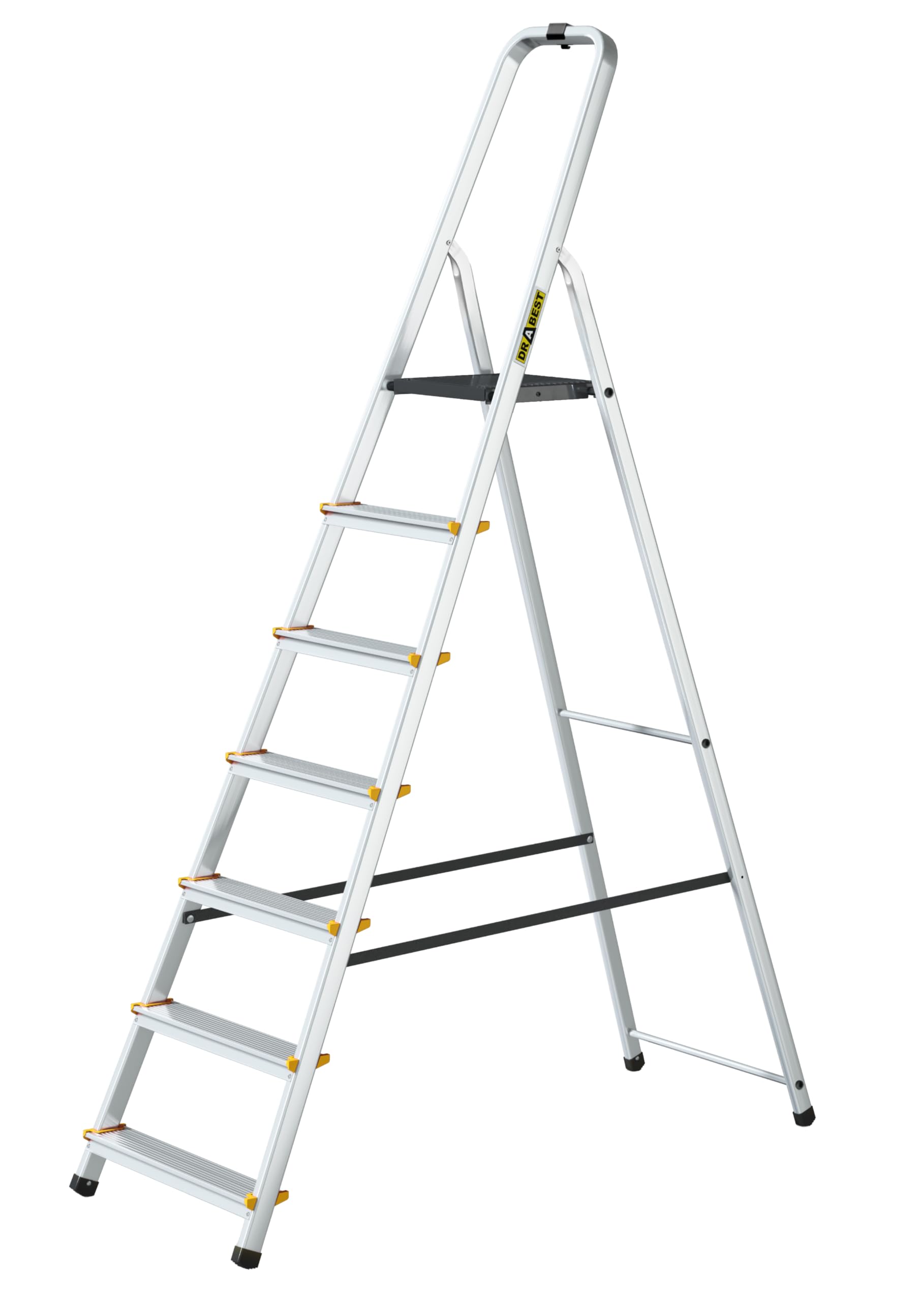 Drabest Silver 7-Step Aluminum Ladder, 150 Kg Load Capacity, Foldable, Non-Slip Treads, Sturdy Frame, Compact For Storage, Equipped With A Practical Tool Hook