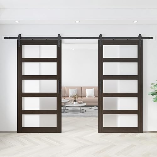 Barnsmith Puerta de granero doble de vidrio de 84 x 84 pulgadas con kit de herrajes para puerta corredera de 14 pies incluido y asa, puerta