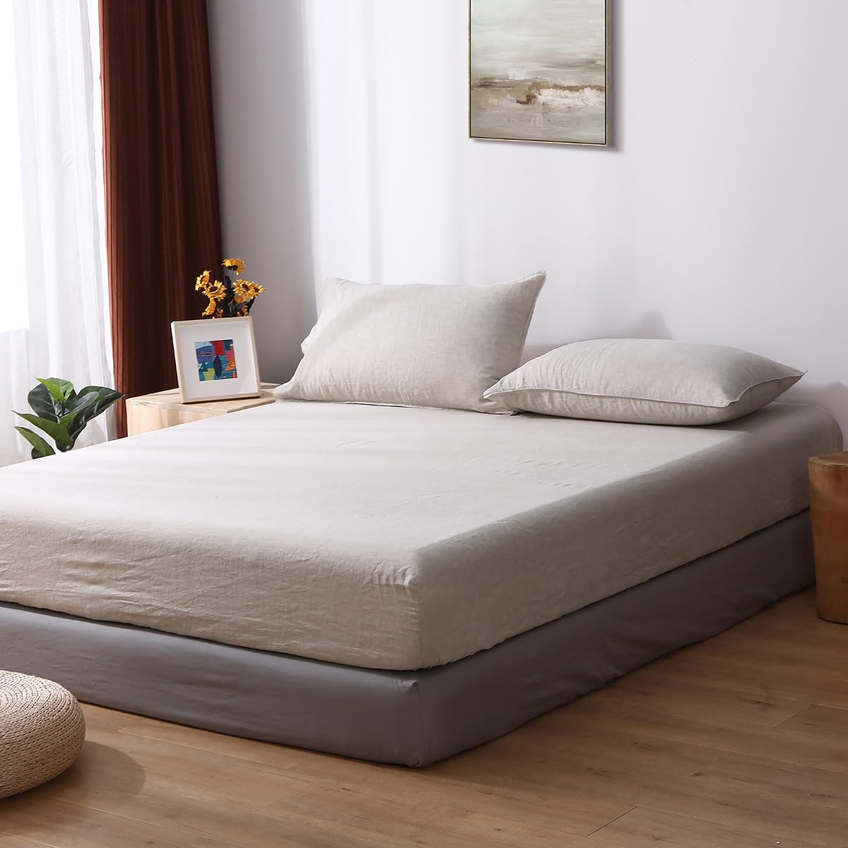 S VICTORY SYMBOL 100% Organic Linen Fitted Sheet Twin XL 39"x80" Only 1 Piece,Stone Washed French Linen Sheet,16inch Deep Pocket Mattress Cover Breathable Durable-Flaxen