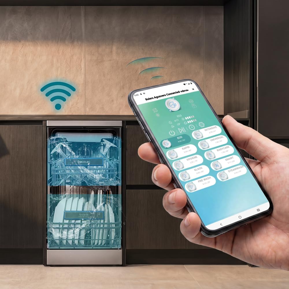 Cecotec Lavastoviglie Libera Installazione 45cm Bolero Aguazero 4560 Inox Connected. 11 Coperti, 6 Programmi, Classe C, Inverter Plus Duo, Pannello Touch,WiFi, O2Dry, Super Dry, Save+, AutoClean, Inox