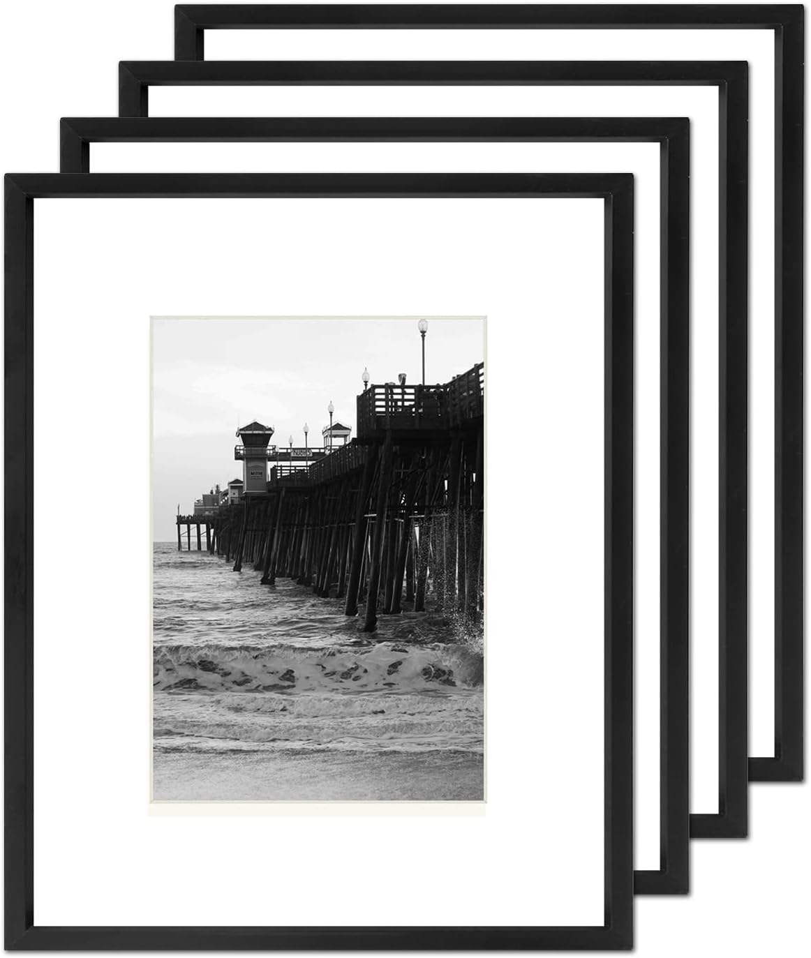 8x10 Picture Frame Set of 4, Matted Simple Modern Thin Aluminum Metal Photo Frame Display for Tabletop or Wall Collage, Fits 5x7 and with Mat or 8x10 without Mat Photo. (Black)