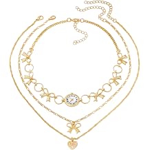ASIJUNTYECHO Bow Necklace, Clock Necklace, 3Pcs Layered Necklace Set, Gold Bow Layered Chain with Clock & Heart Charms, Retro Vintage Trendy Charm Jewelry for Women