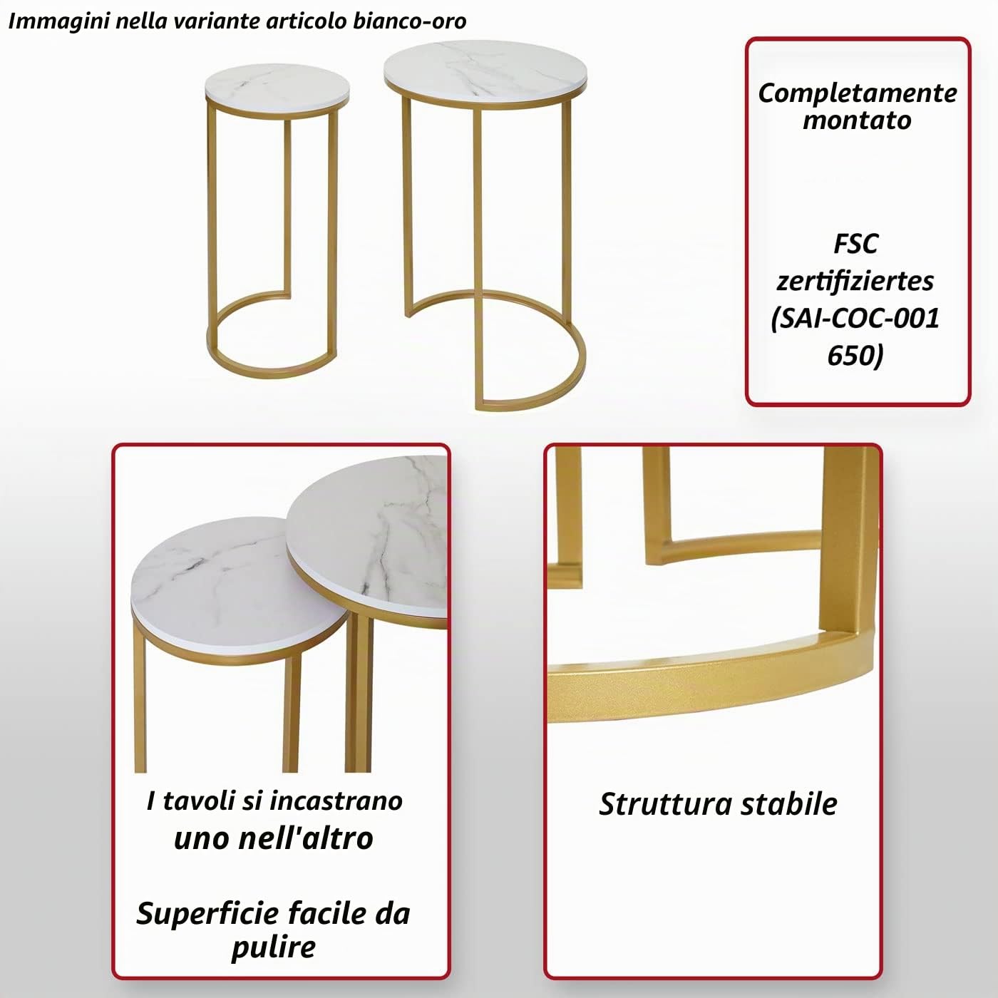 Mendler Set 2X tavolini Eleganti da Salotto HWC-K46 Effetto Marmo Bianco Oro