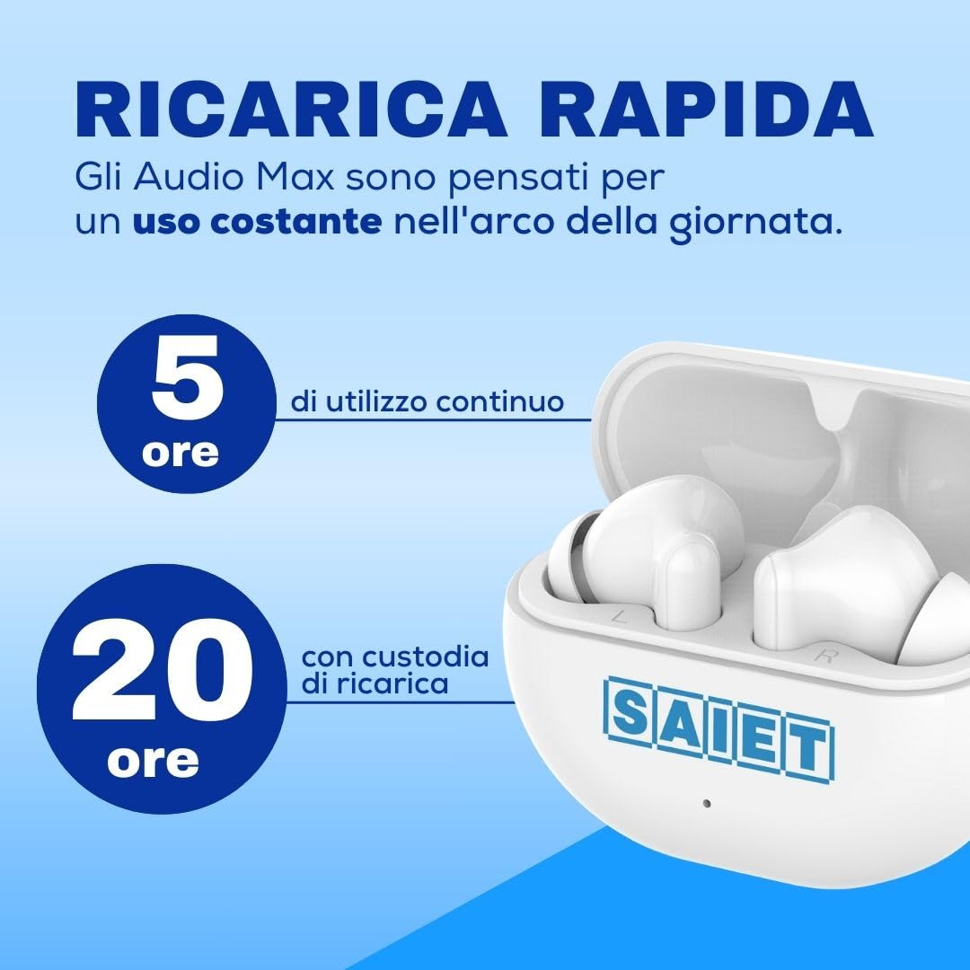 SAIET Audio MAX Auricolari per Anziani TWS con 5 Livelli di Amplificazione | Cuffie Bluetooth con Amplificazione Audio per Chiamate e Musica, App Dedicata, Design Moderno, Fino a 20 Ore di Autonomia