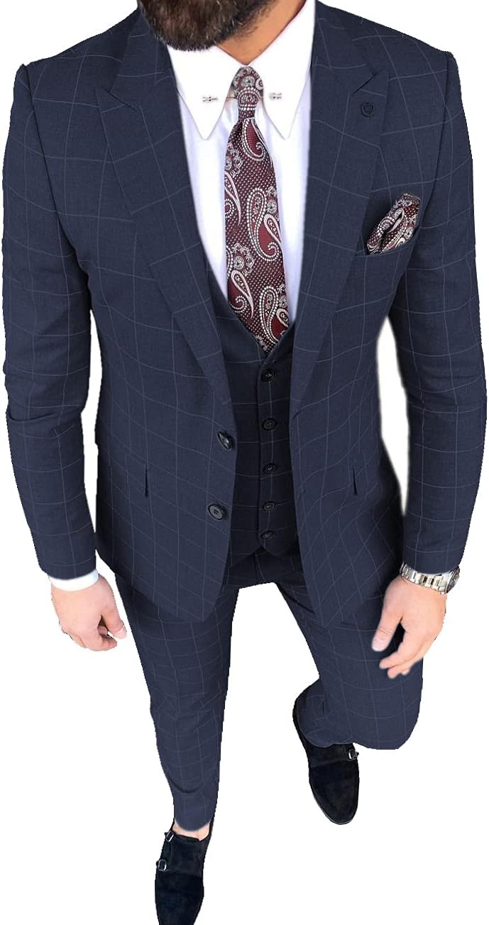 Men's Slim Fit Suit 3 Pieces Jacket Tuxedos Two Button Waistcoat Blazer for Wedding