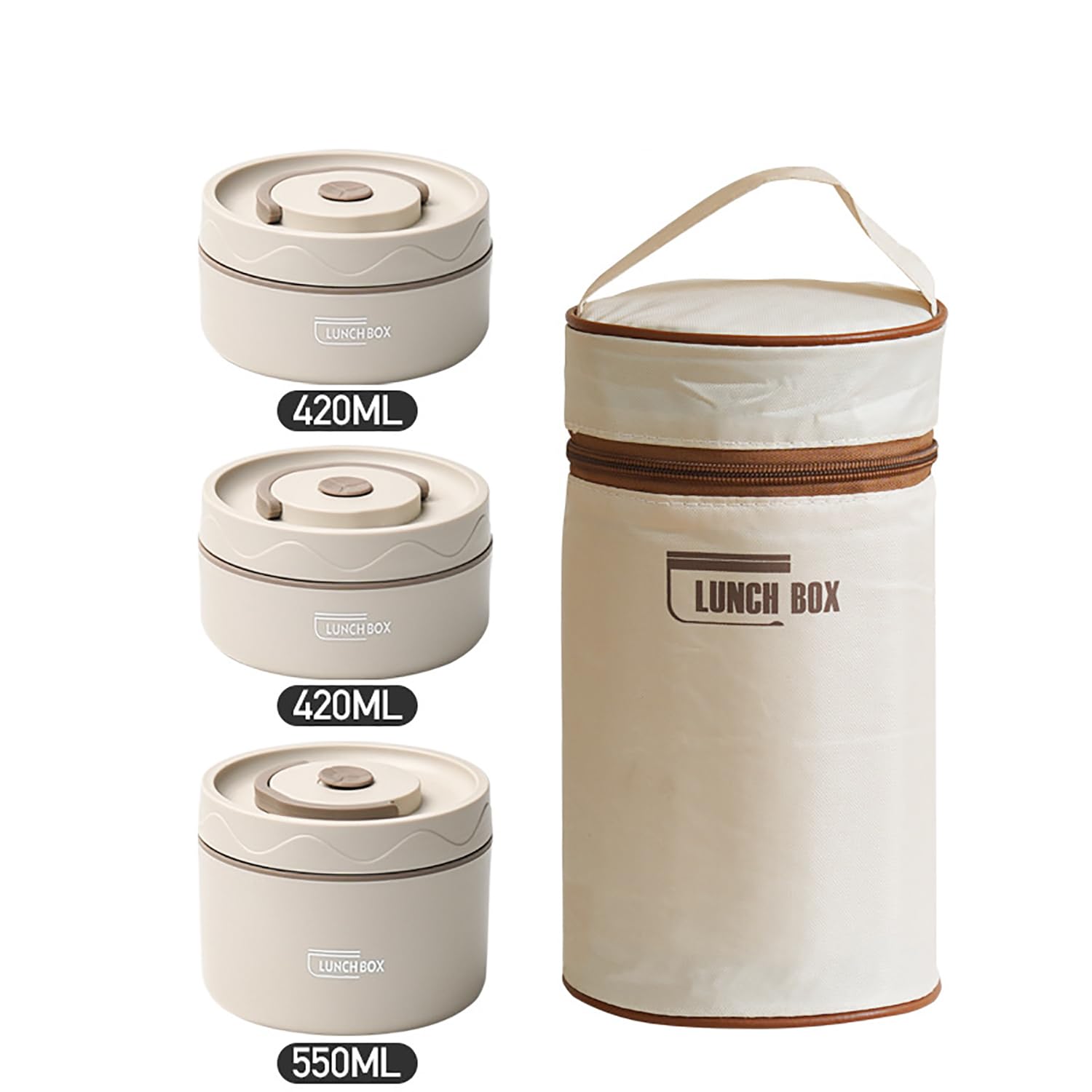 TAPIT Stainless Steel Thermal Bento Box Leakproof Lunch Box,Portable Insulated Lunch Container Set With Bag For Adults, Kids Stackable Stainless Steel Food Container (3 Layer beige,2*420ml+1*550ml)