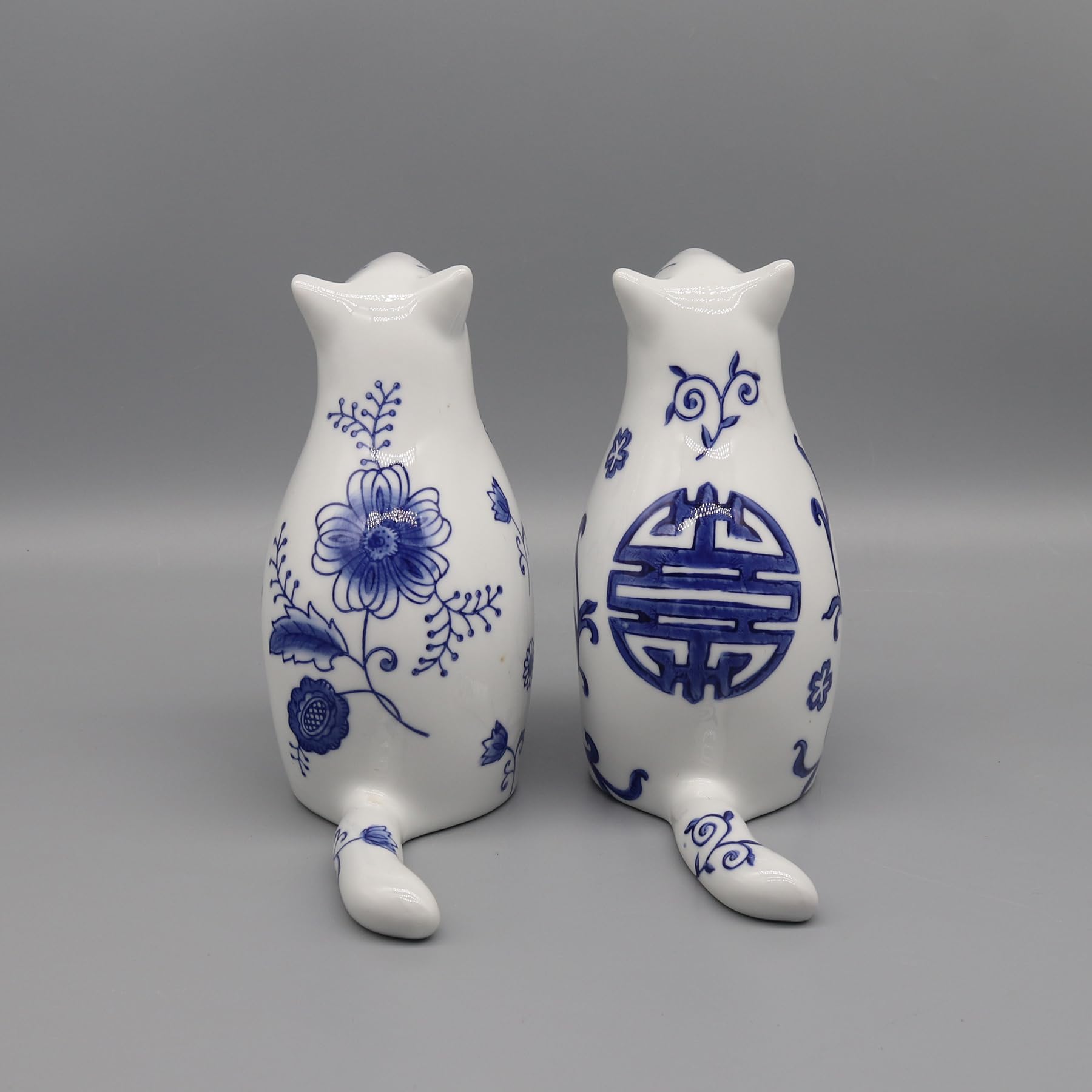 Eastern tide Figuras de gato de cerámica, patrón floral azul y blanco, juego de 2, 16 cm de altura, estilo de porcelana china