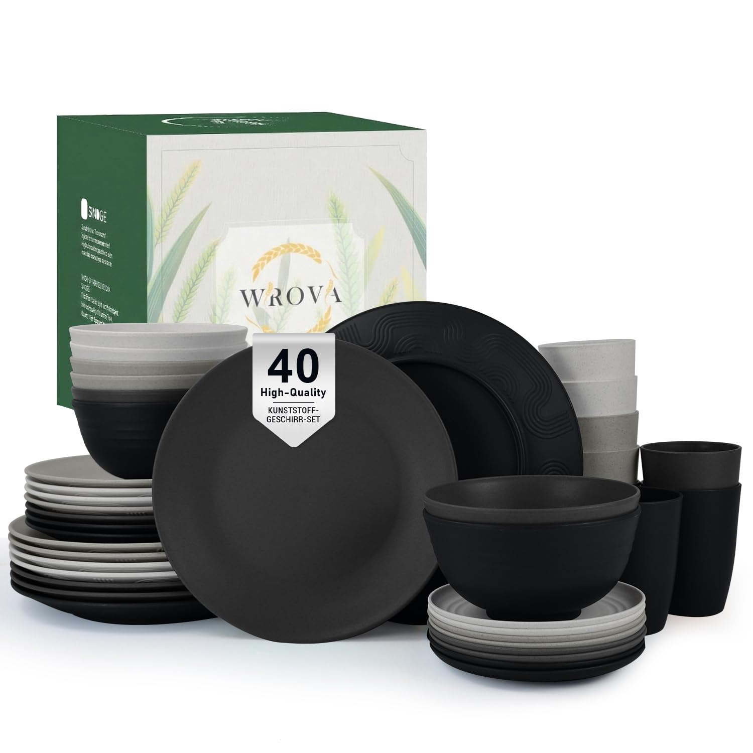 Wrova Set di stoviglie in plastica, 40 pezzi, leggere, per 8 persone, riutilizzabili, lavabili in lavastoviglie e adatte al microonde, servizio da tavola per cucina, matrimonio, grigio pietra