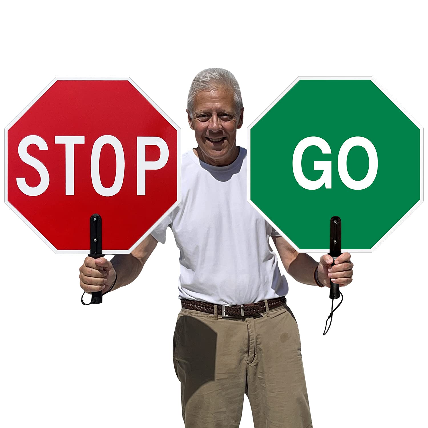 SmartSign Pack of 1, 18 x 18 inch Handheld “STOP - GO” Paddle Sign with Handle, Double-Sided, Screen Printed, 120 mil Aluminum Composite, Red, Green and White, Made in USA