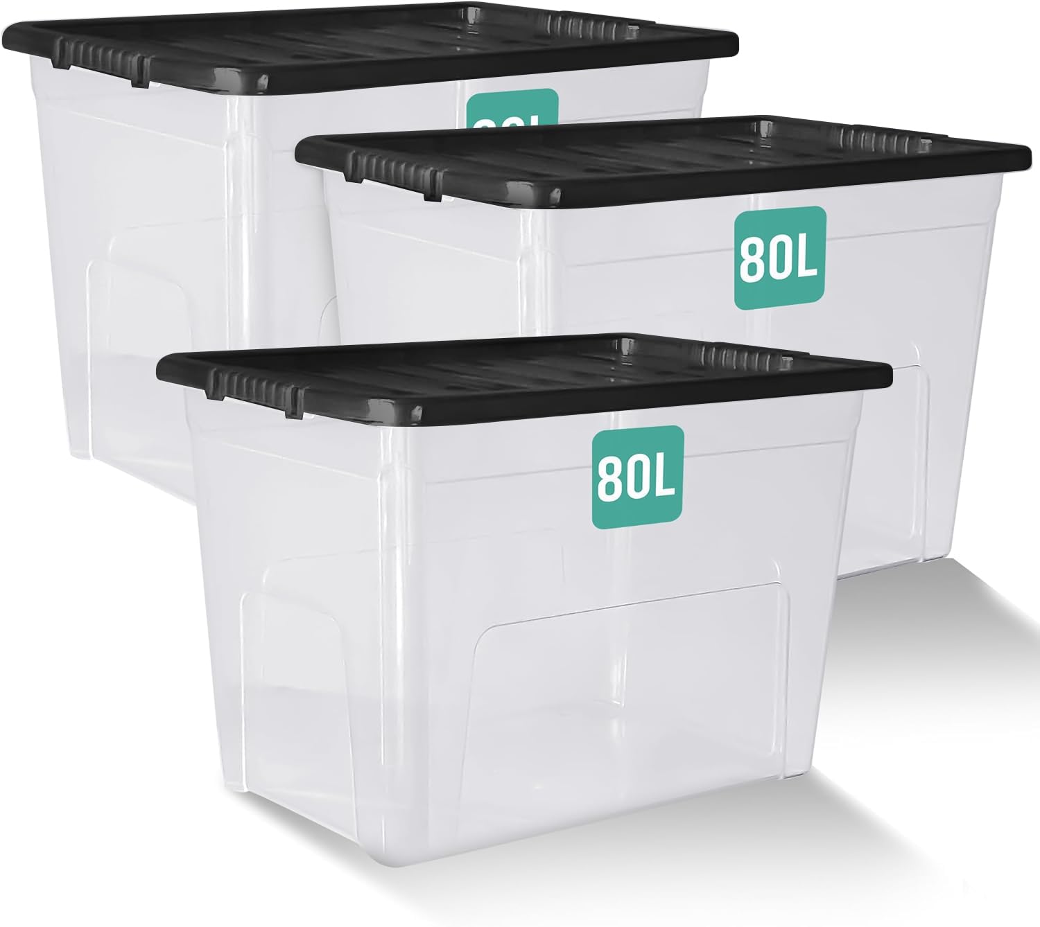 Klass Home Collection Clear With Black Lid 3 X 80 Litre Large Plastic Storage Boxes With Lids - Heavy Duty Stackable 80L Large Storage Box With Lid, Big Plastic Containers For Home, Moving, Garage (3 X 80L - Black Lid)