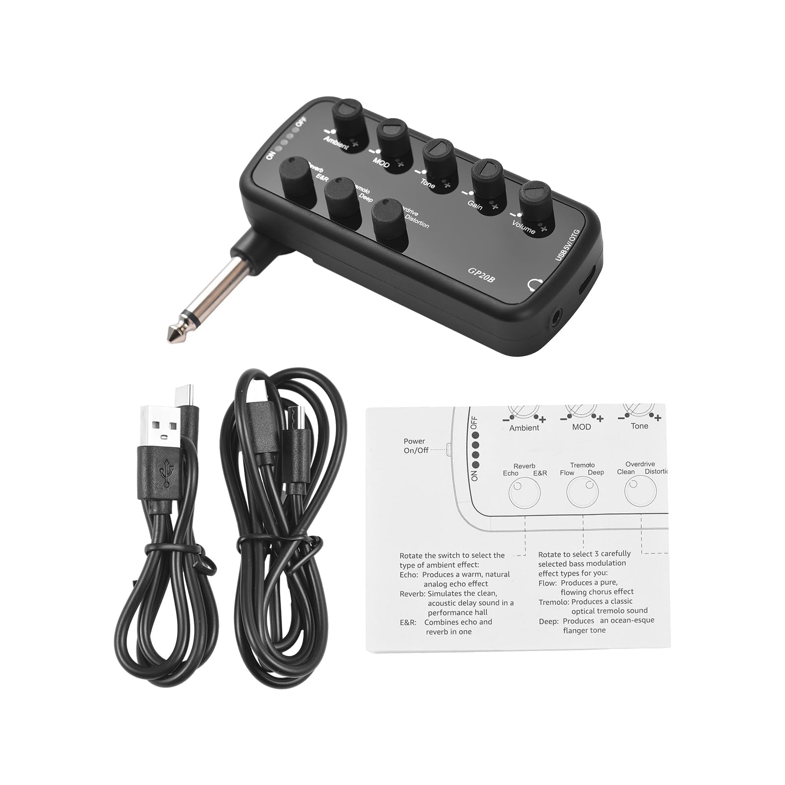 Amplificador de Bajo Portátil para Auriculares Plug and Play con 3 Simulaciones de Altavoces y OTG para Bajo Eléctrico Grabación Interna Tres Tonos
