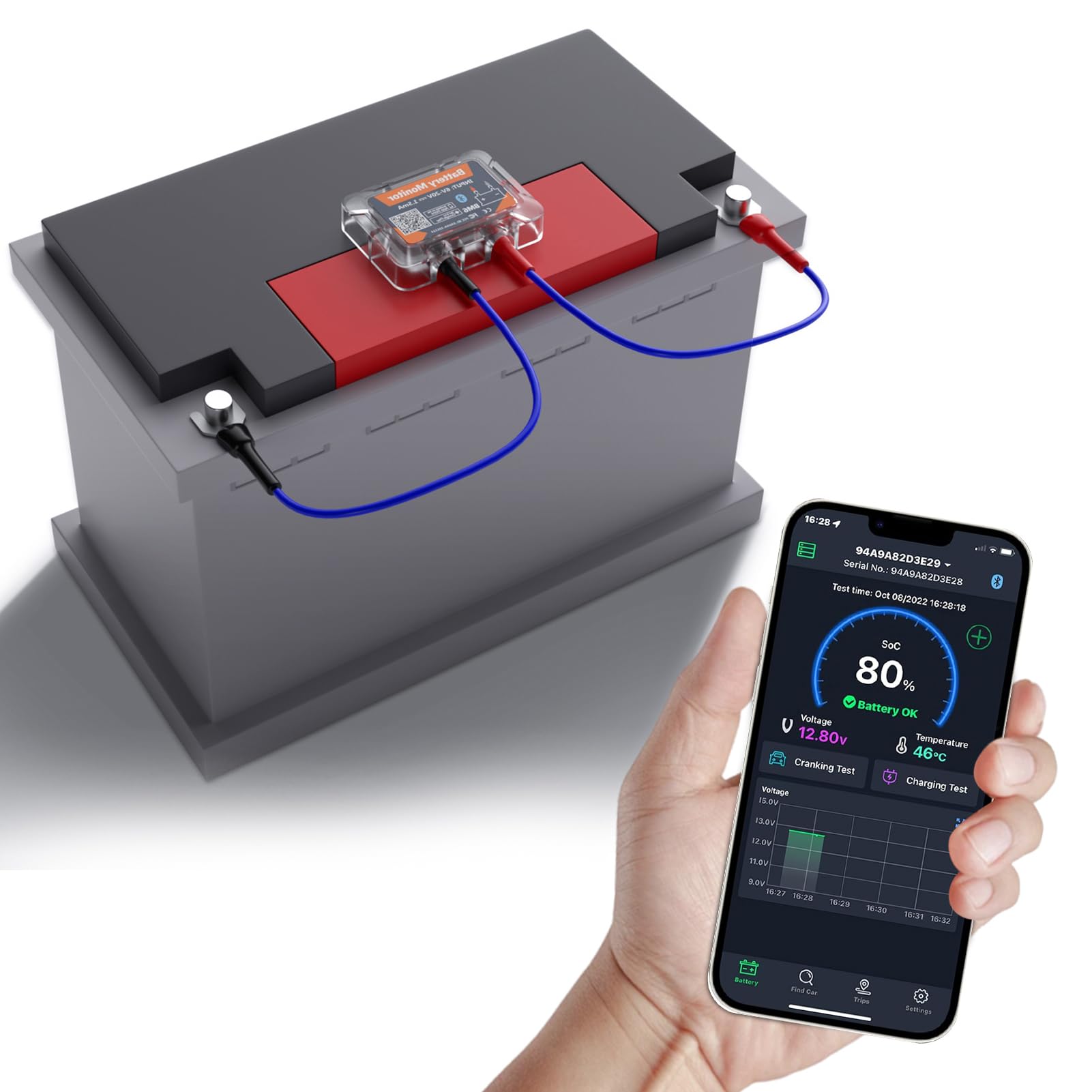 Battery monitor 12V Bluetooth 4.2 Tester batteria auto DC 6V-20V Monitoraggio dello stato della batteria in tempo reale con protezione da cortocircuito e inversione di polarità Avviso anomalo.