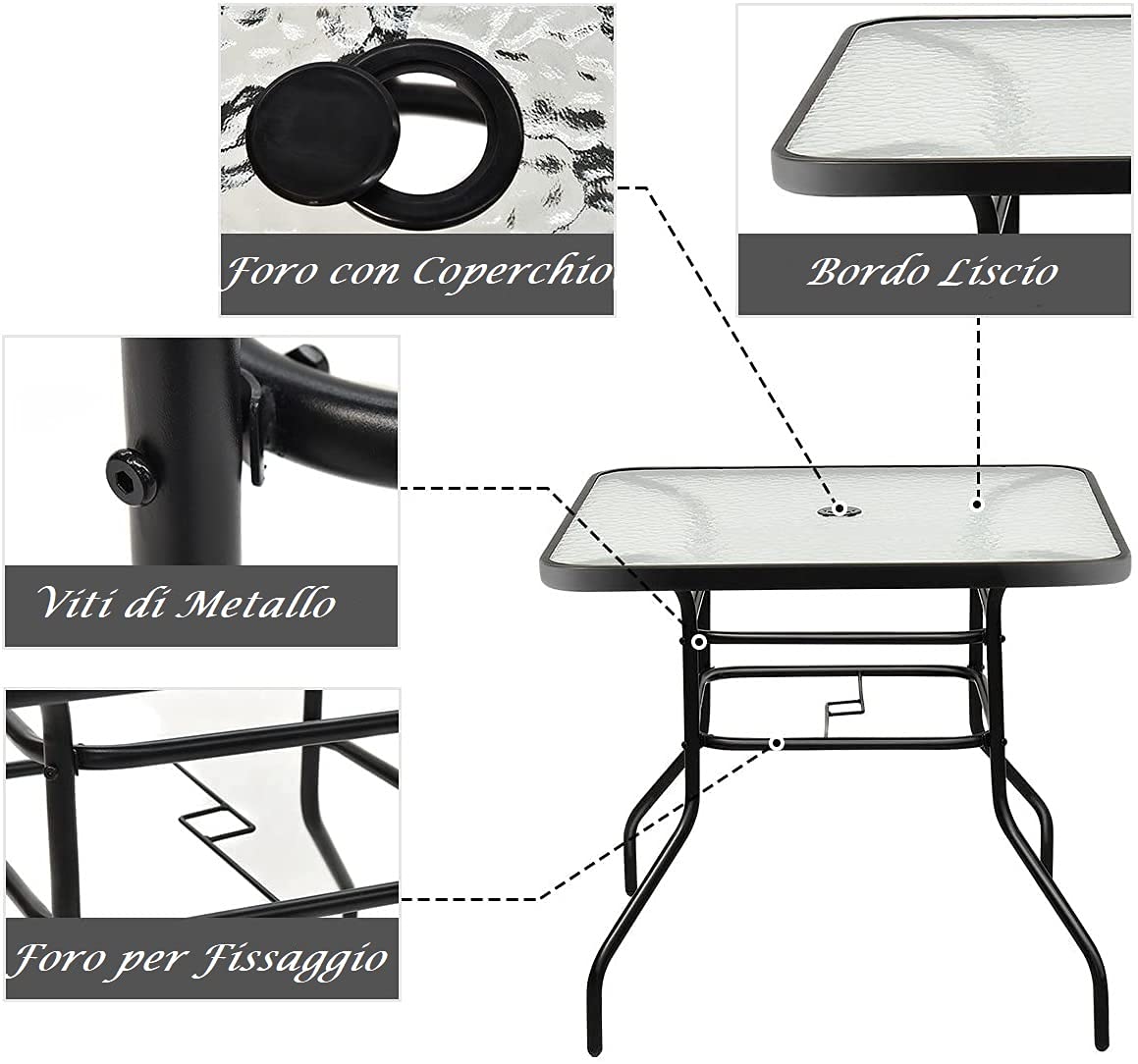 GYMAX Tavolino da Giardino in Metallo e Vetro Temperato, Tavolino da Esterno Elegante con Foro per Ombrellone, Ideale per Terrazzo, Cortile e Bar (80 x 80 x 72cm)