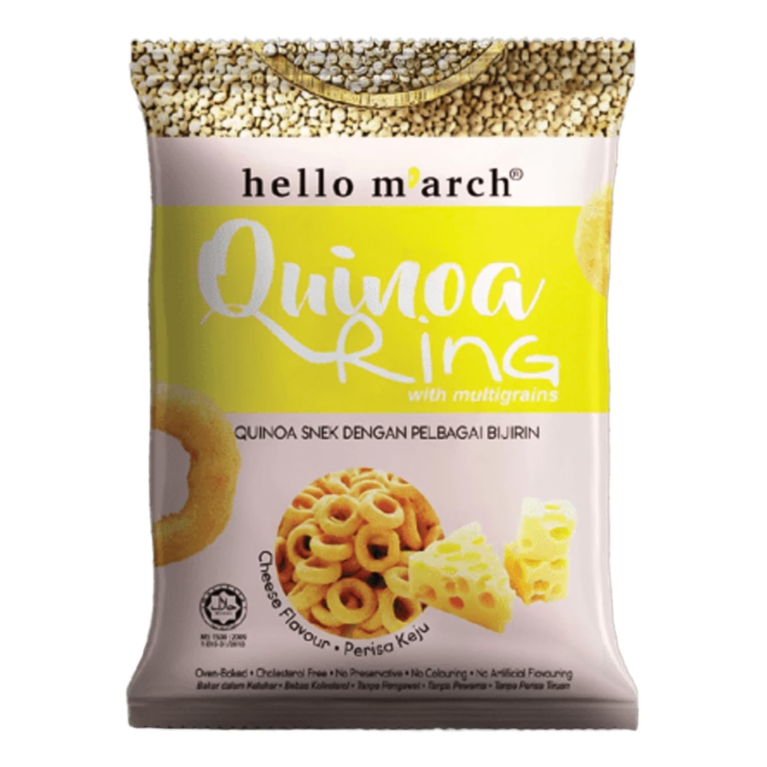 Hello M'arch Quinoa Ring With Multigrains Cheese Flavour Perisa Keju 75g | Oven-baked | Cholesterol Free | No Preservative | No Colouring | No Artificial Flavouring-image-13