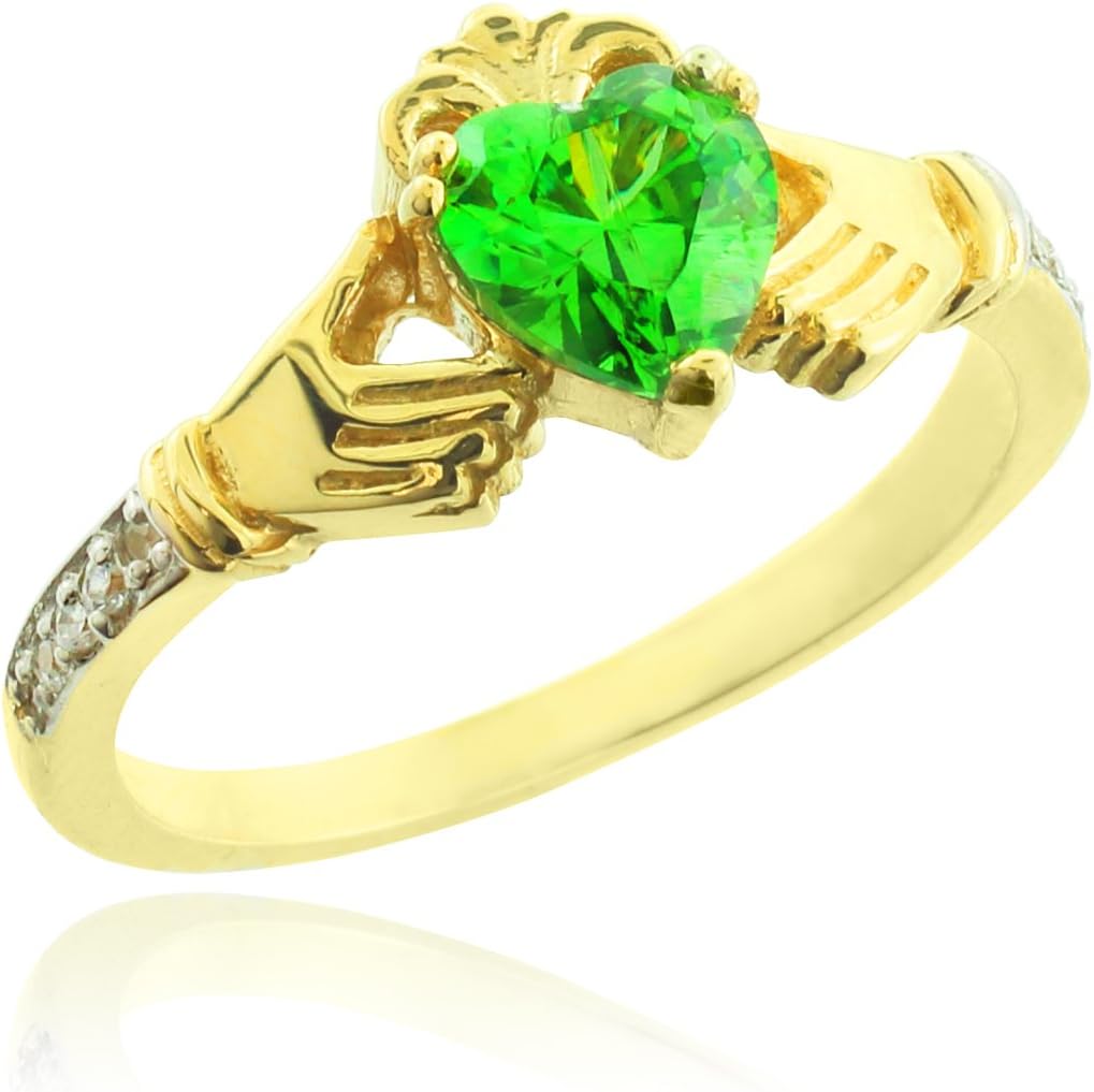 10k Yellow Gold August Birthstone CZ Heart Claddagh Ring with Natural Diamonds