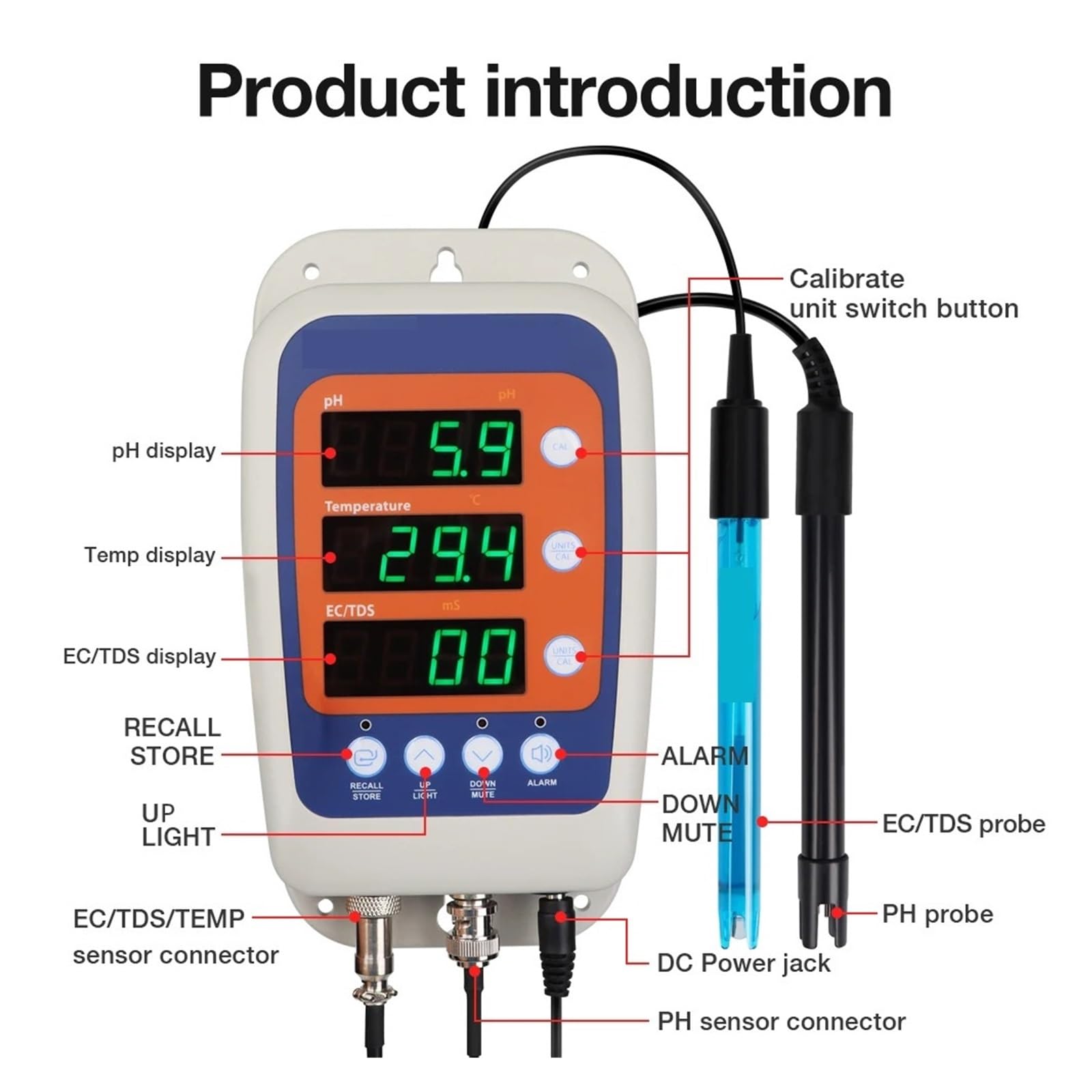 Testeur multi-paramètres LCD numérique 4 en 1 testeur de qualité l'eau PH Temp TDS EC détecteur moniteur d'eau,Haute précision