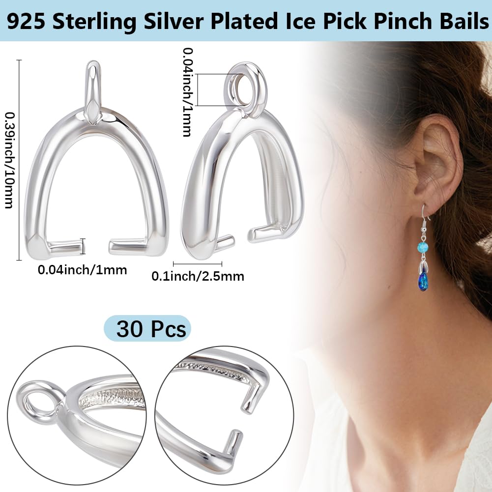 Beebeecraft 1 Box 30Pcs Pinch Bails 925 Sterling Silver Plated Small Clip On Bails for Pendents Jewelry Making Findings Necklace Earring DIY Craft - Image 2