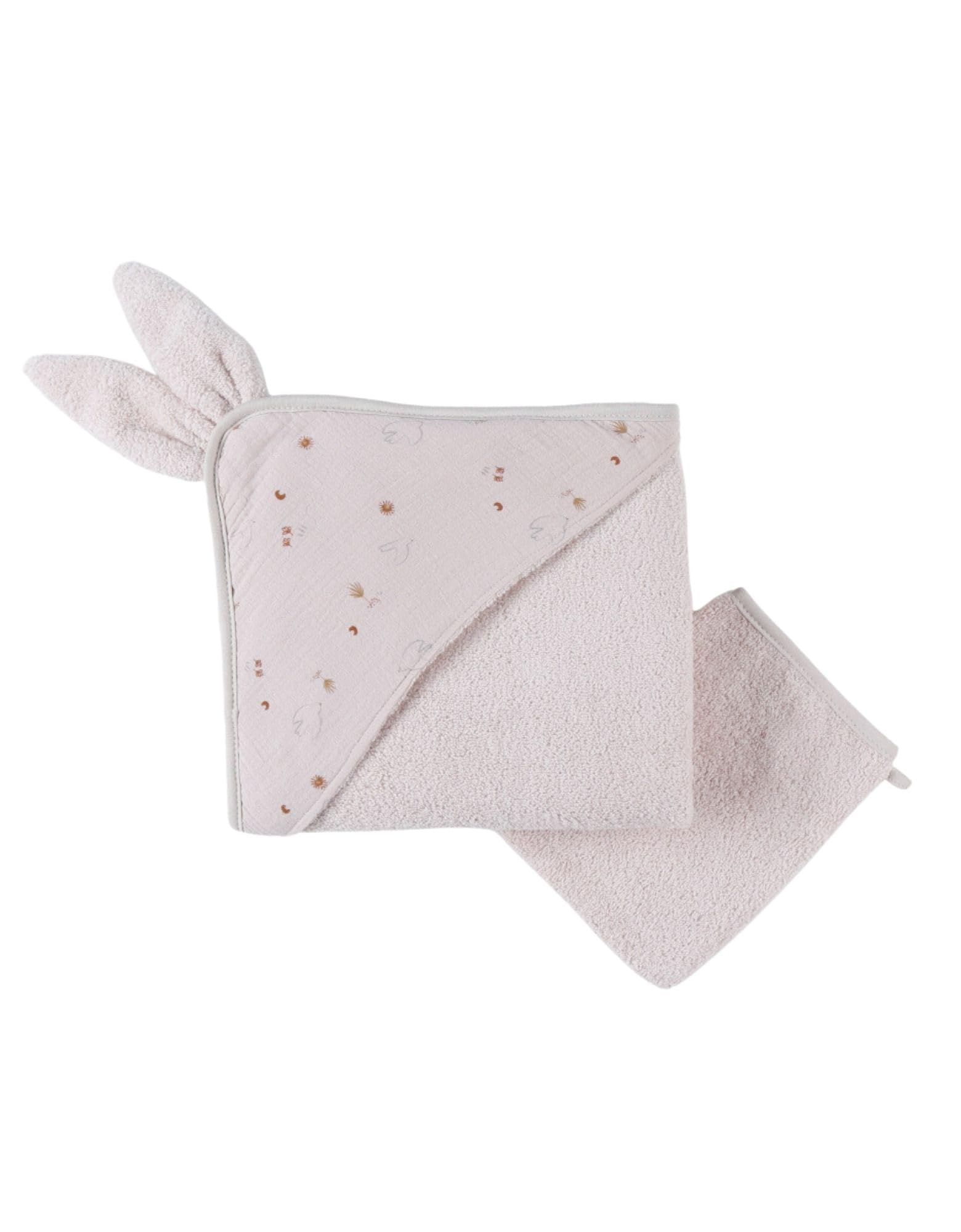 Sortie de bain bébé en éponge premium Noukie's rose avec gant brodé Lapin Moka