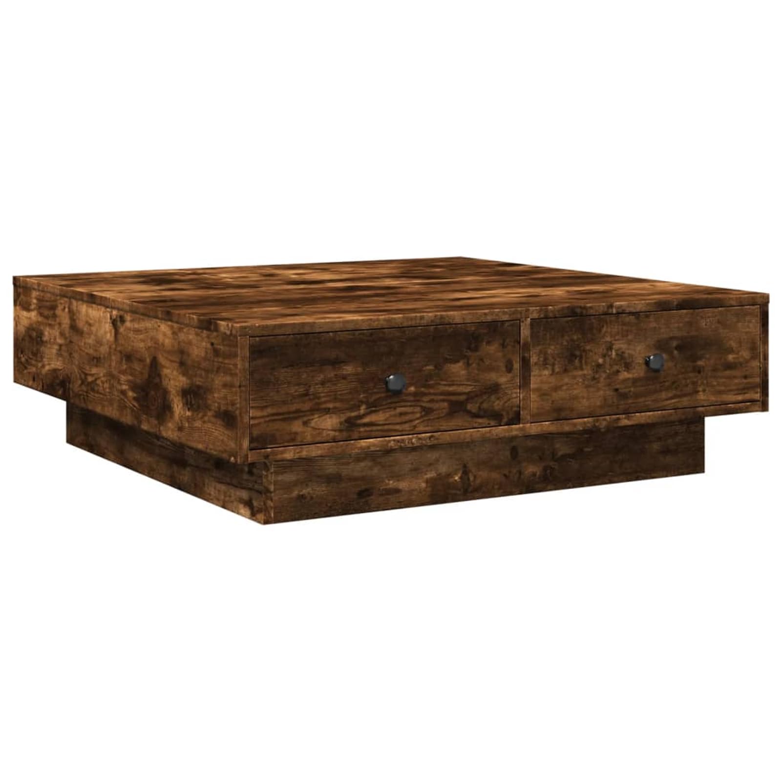 Stolik kawowy dąb wędzony, 90 x 90 x 28 cm, wykonany z materiału drewnopochodnego z metalowymi gałkami, stabilny stolik pomocniczy do salonu, obszaru TV i salonu