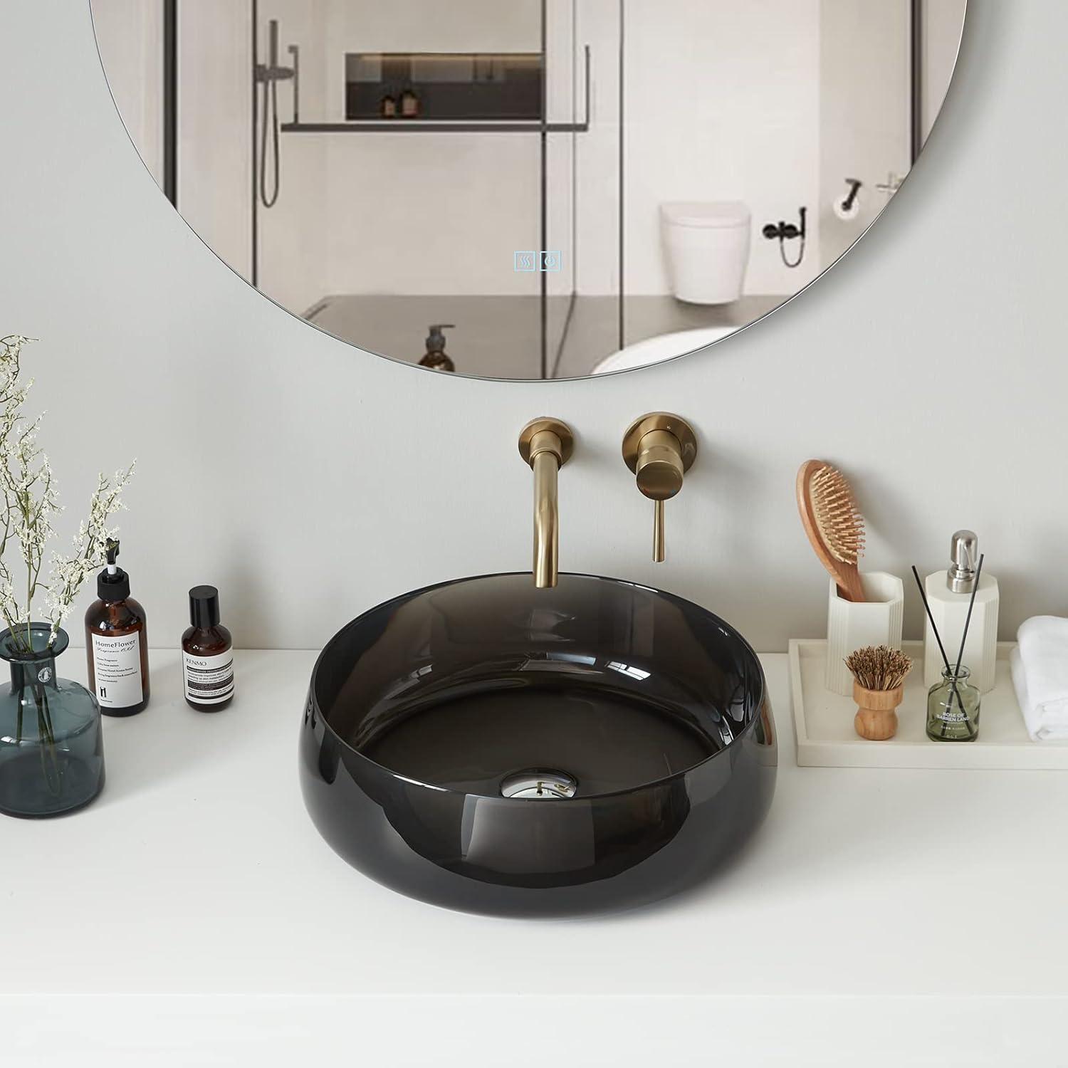 Cpingao Bathroom Sink Transparent Stone Resin 17.7'' Round Bathroom Vessel Sink, Above Counter Vessel Sink Basin with Pop-up Drain (Black)