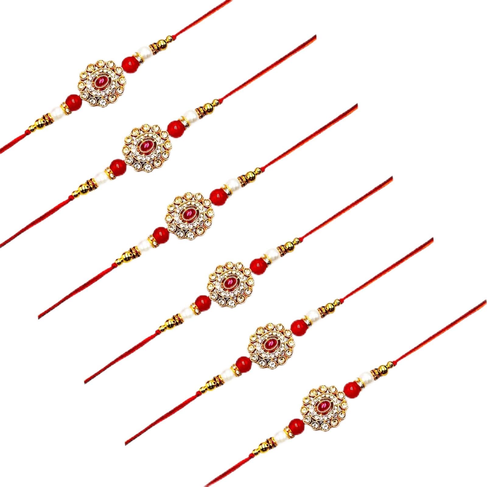 Beads Rakhi Combo Set of 6, Red & White with Crystal Work-image-45