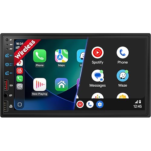 [Upgraded DSP] 7'' Double Din Car Stereo with Wireless Apple Carplay Android Auto, 240W Powerful Sound, FM/AM Radio, 7 Inch LCD Ultra HD Touchscreen, Bluetooth Handsfree, Waterproof Backup Camera, SWC