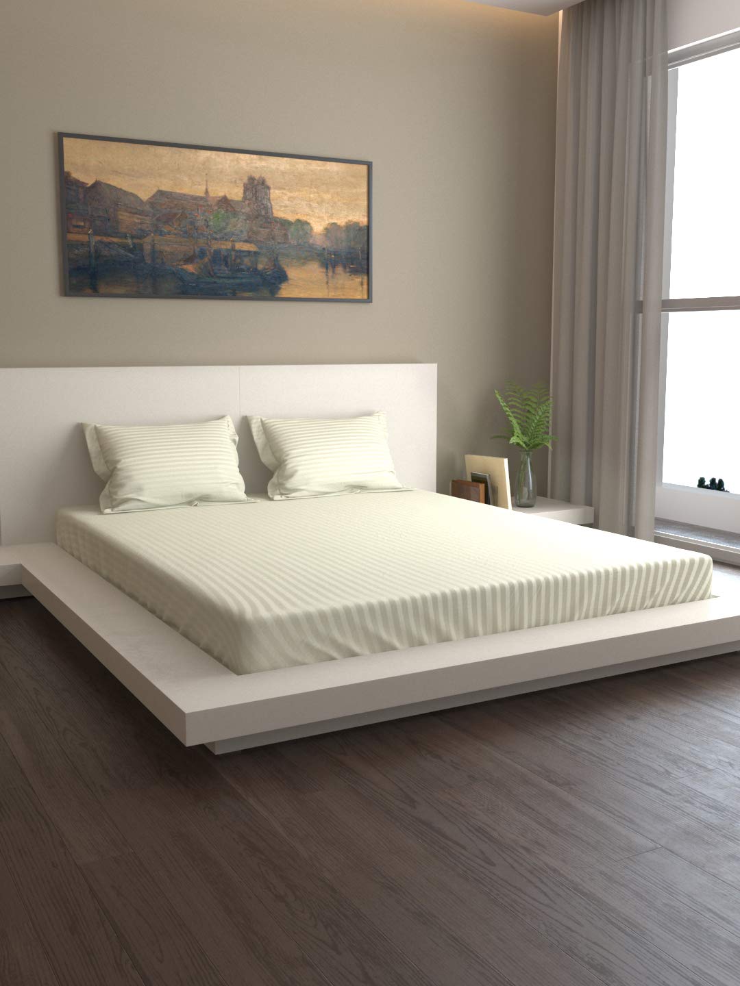 Mark Home 100% Fine Cotton Sateen 400 TC Premium Stripes Queen Set White