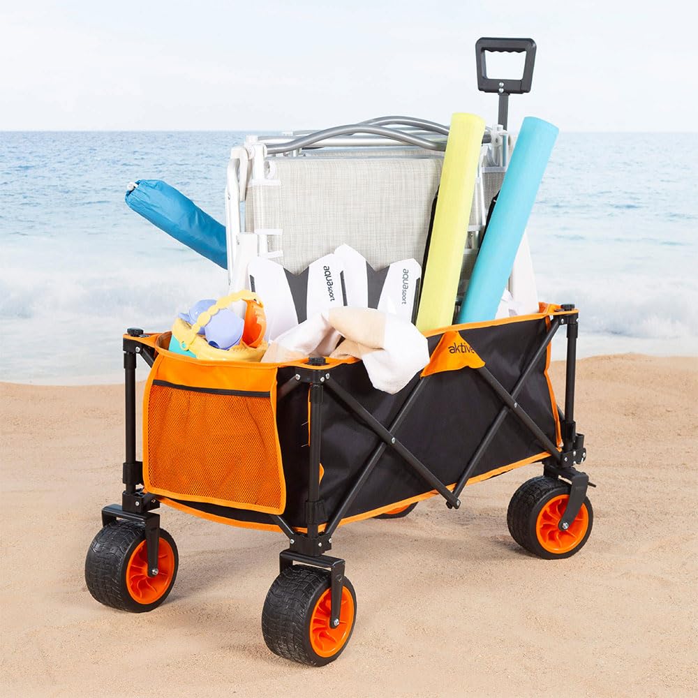 Aktive Carro Transporte Plegable, Playa, Jardín, Camping, hasta 100 kg, Ruedas robustas y giratorias 360 Grados con Frenos, Mango multiángulo, con Bolsillo, con Funda, Portasillas, Negro y Naranja