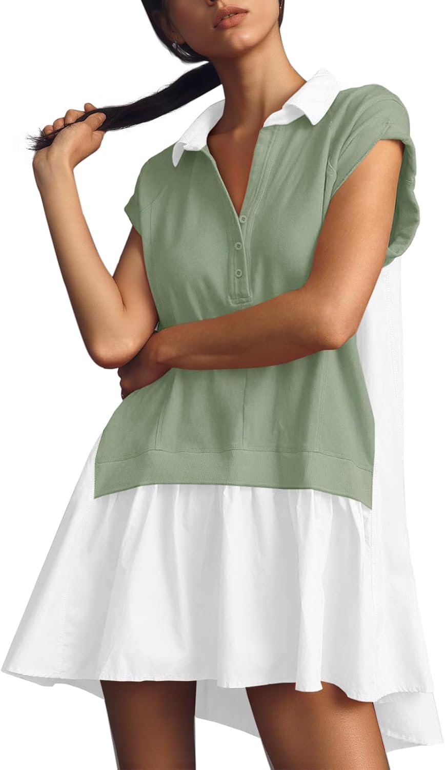 Fisoew Womens Summer Sweatshirt Dresses Short Sleeve V Neck Casual Oversized Patchwork Mini Dress