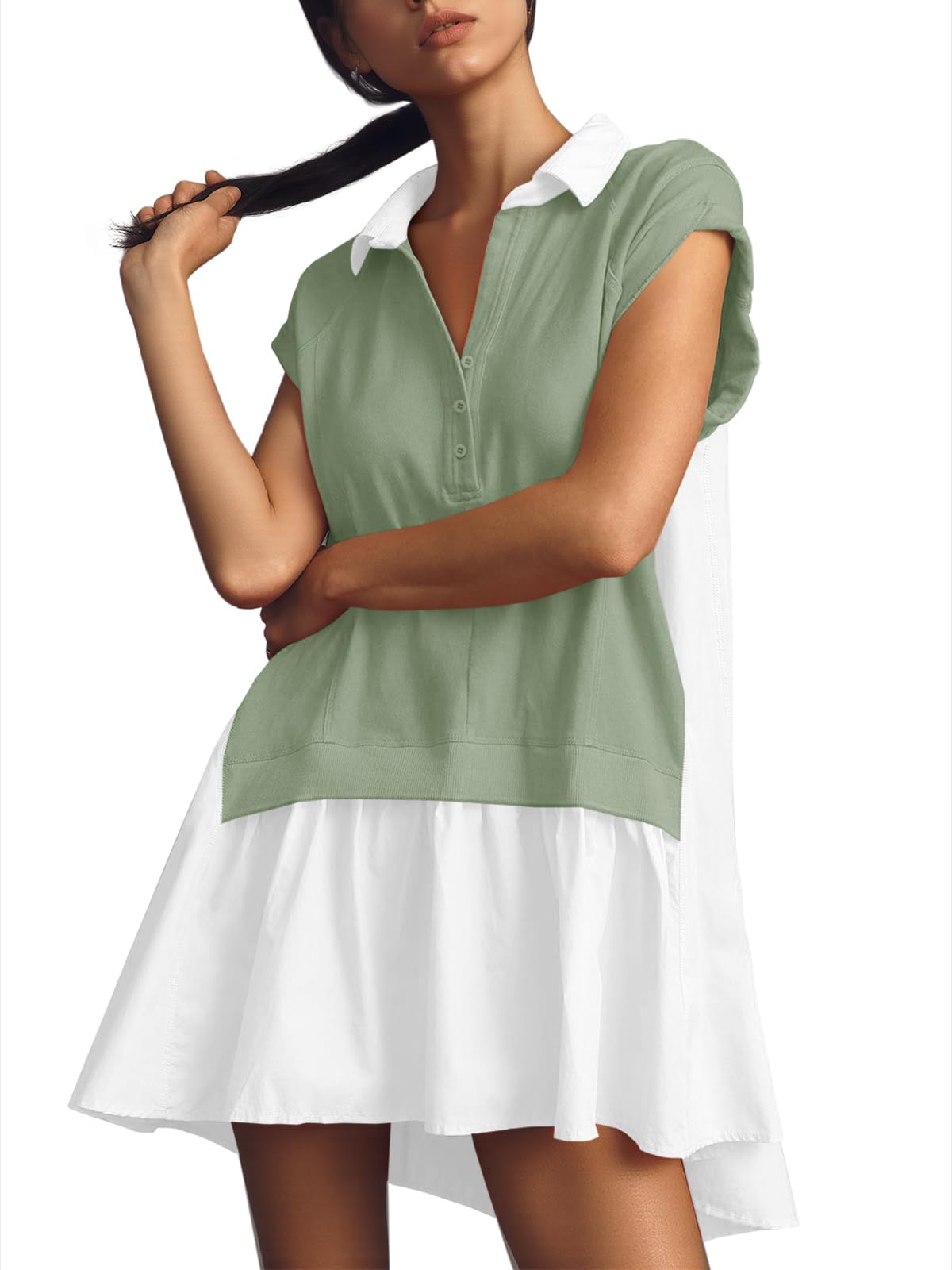 Fisoew Womens Summer Sweatshirt Dresses Short Sleeve V Neck Casual Oversized Patchwork Mini Dress