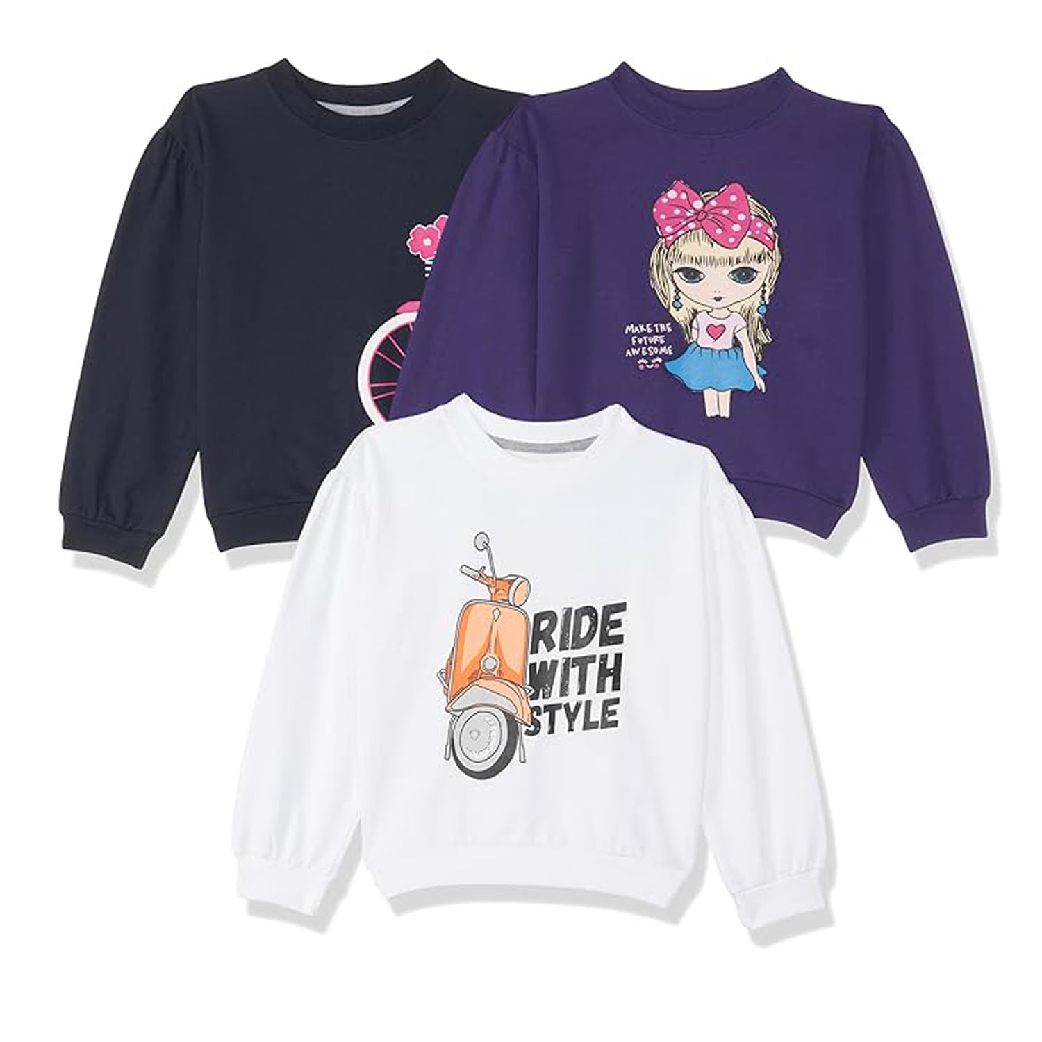 T2F Girls Cotton Printed Oversized Fit DropShoulder Round Neck Puffed Sleeve Sweatshirt (Pack of 3)-image-25