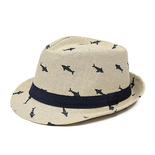 Image of Boys Girls Beach Straw Cap Age 2-6 Unisex Kids Baby Summer Spring Jazz Panama Trilby Fedora Hat Holiday Short Brim Breathable Vintage Sunshade Hat for Hiking Traveling Outdoor Activities