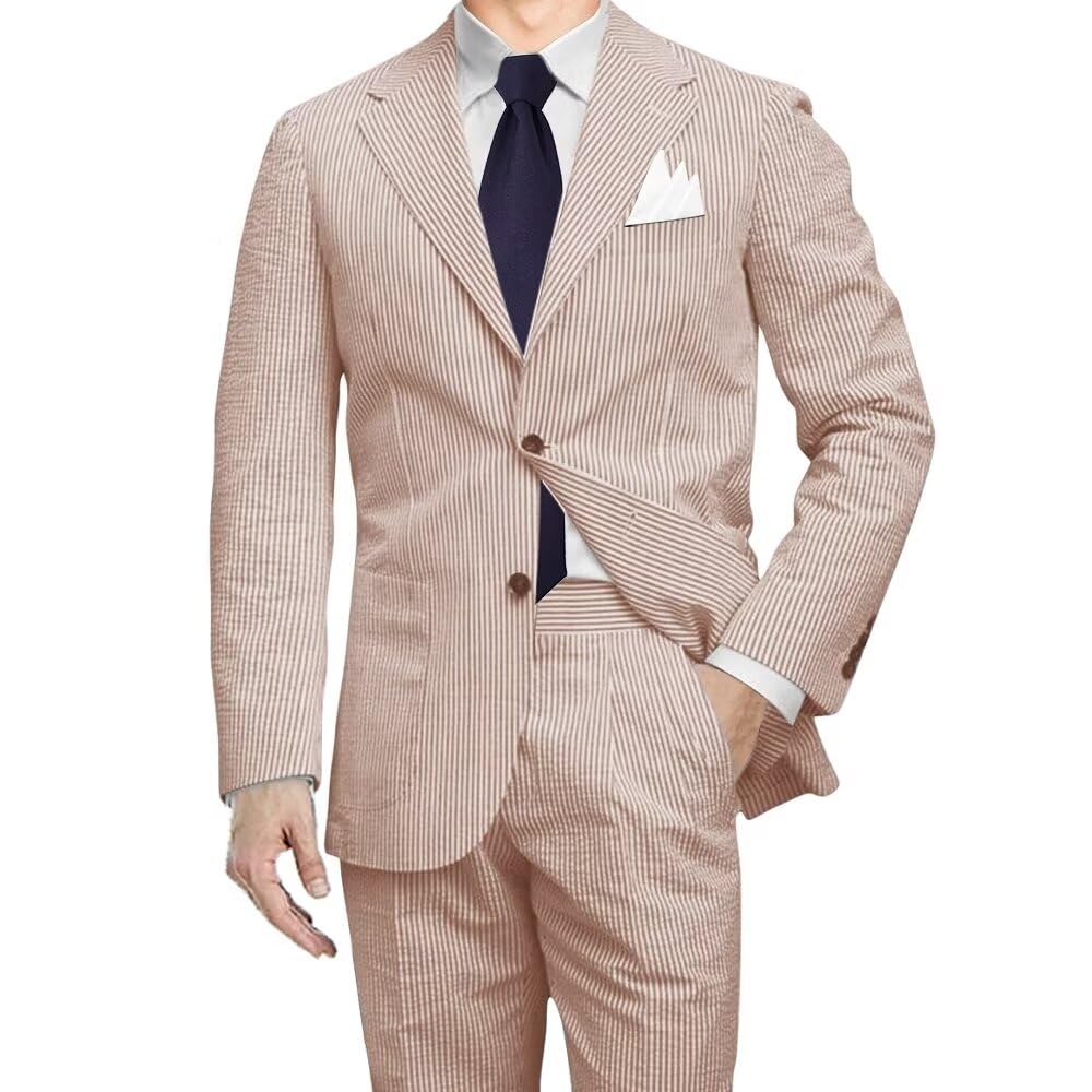Bessmate Men 2 Pieces Summer Seersucker Suits Beach Wedding Suits Grooms Slim Fit Striped Blazer