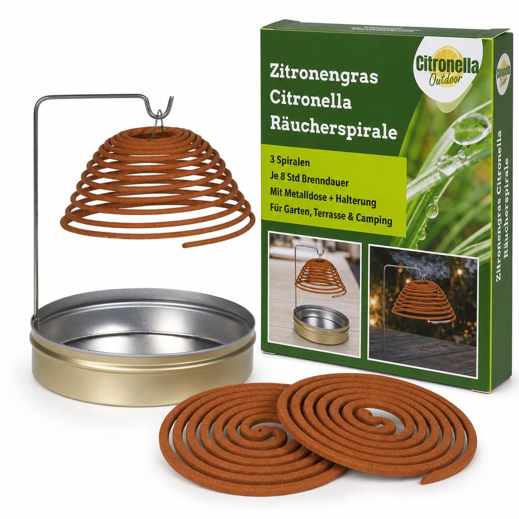 Natural Lemongrass Citronella Incense Spiral, 3 Spirals in Metal Tin with Holder, 8 Hours Burning Time, for Indoor Outdoor Garden Balconies Patio Camping Grilling