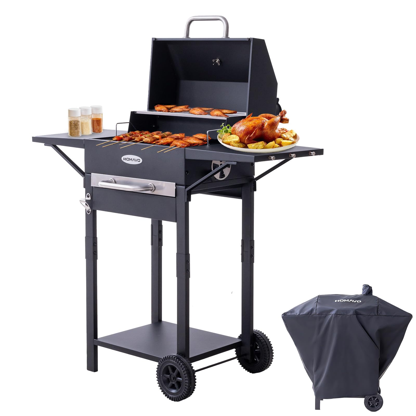 Barbecue a carbone con coperchio e copertura, Grill 2 in 1 compatto per balcone, Termometro integrato, Griglia mantenimento, Protezione esterno e facile da riporre